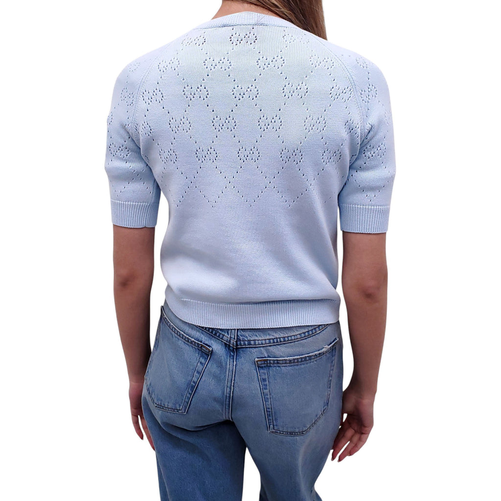 GUCCI BABY BLUE PERFORATED GG LOGO COTTON SHORT-SLEEVE SWEATER - SIZE XS