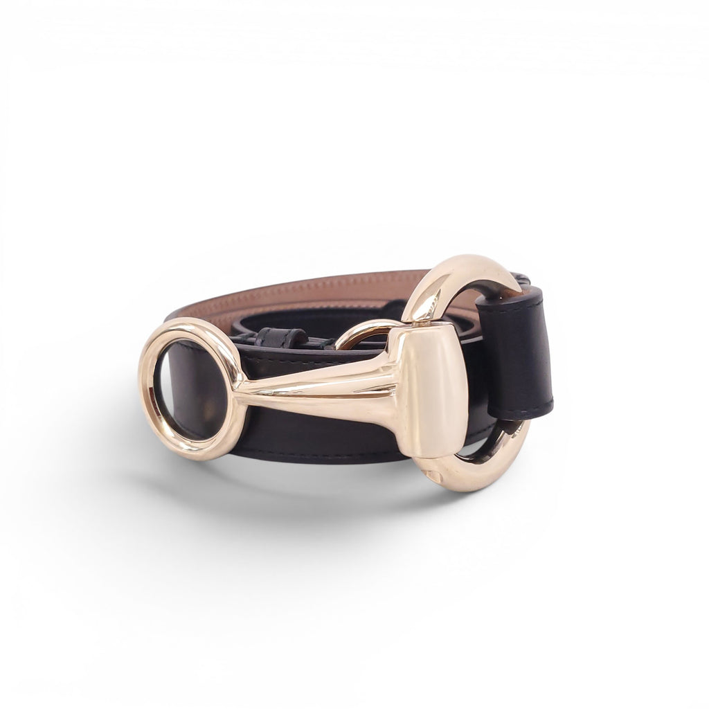 GUCCI BLACK BELT WITH GOLD HORSEBIT BUCKLE - SIZE 85