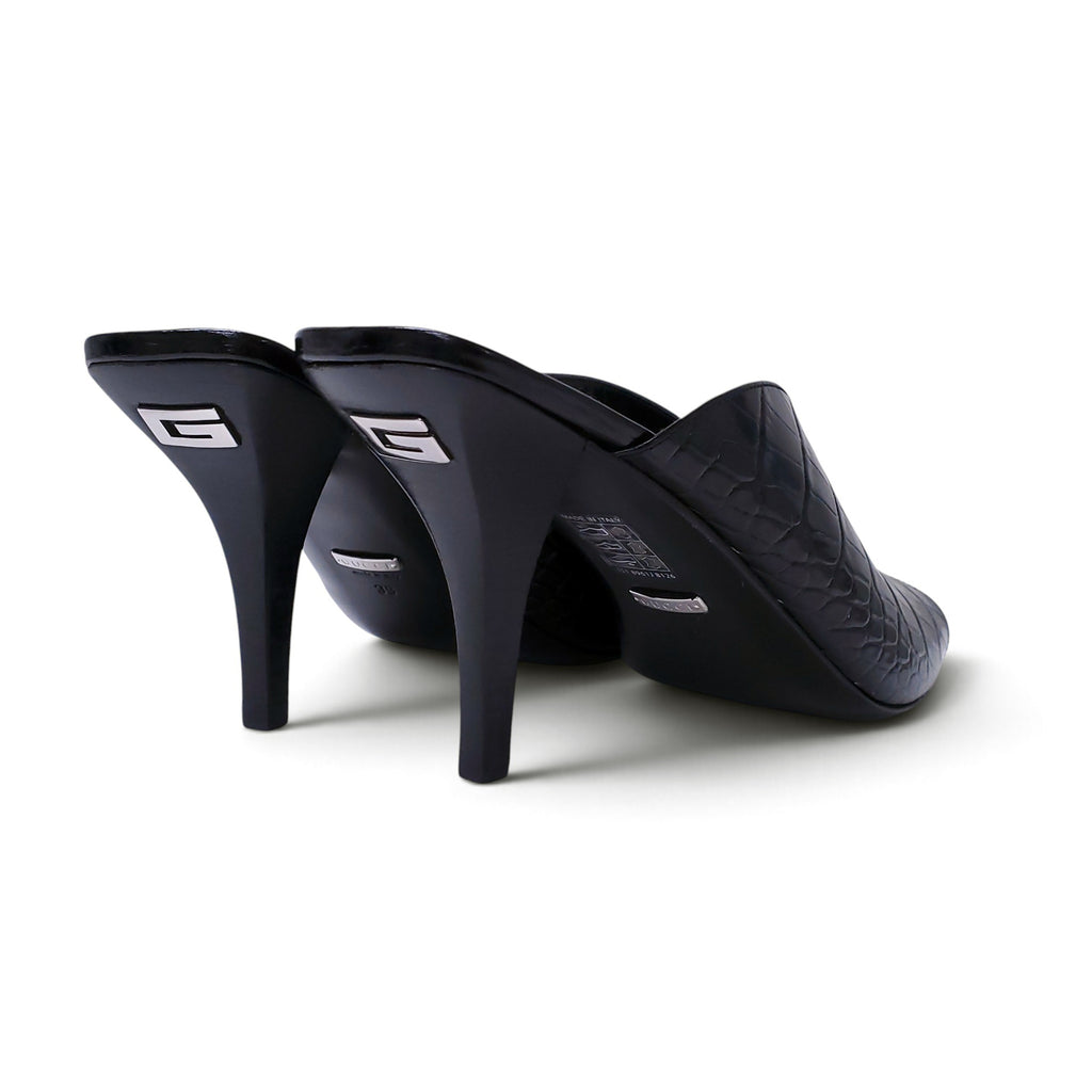 GUCCI BLACK CROC HEELED MULES - SIZE 39