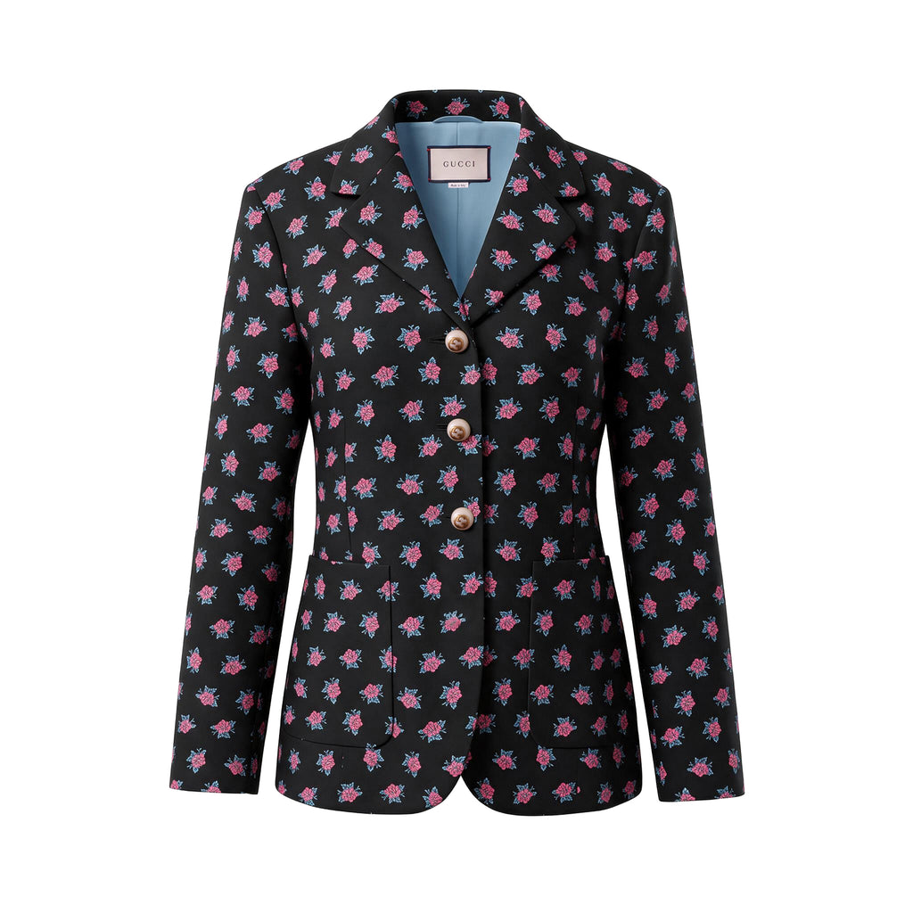 GUCCI BLACK FLORAL BLAZER WITH PEARL LOGO BUTTONS - SIZE 42