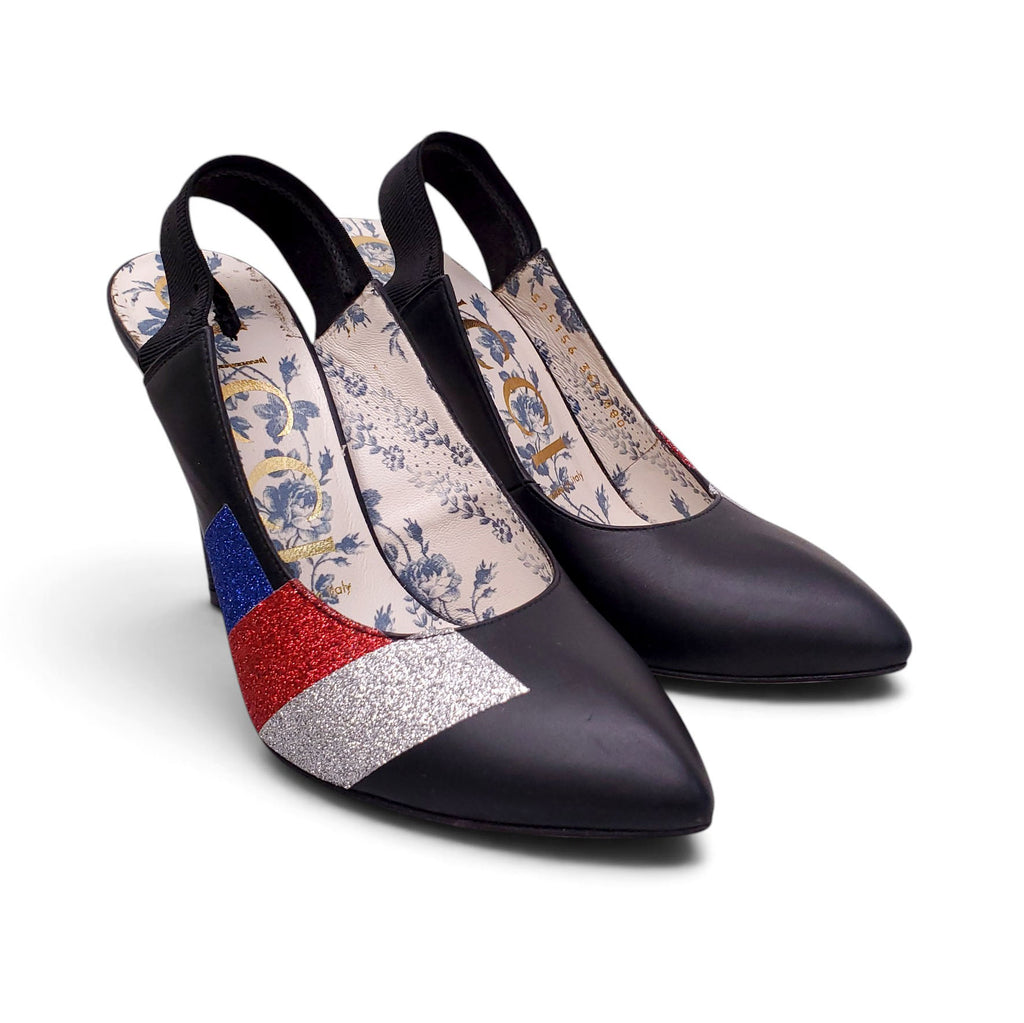 GUCCI BLACK HEELS WITH RED/BLUE/WHITE METALLIC STRIPE HEELS - SIZE 36.5