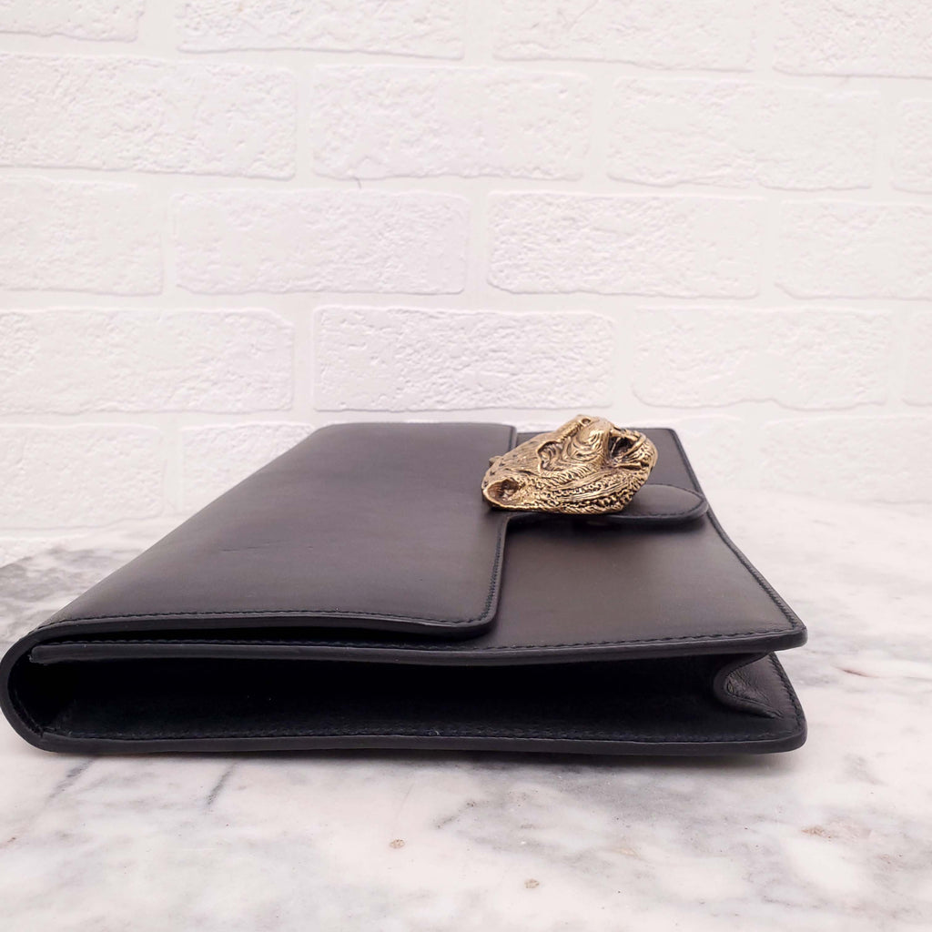 GUCCI BLACK LEATHER ANIMALIER FLAP CLUTCH BAG