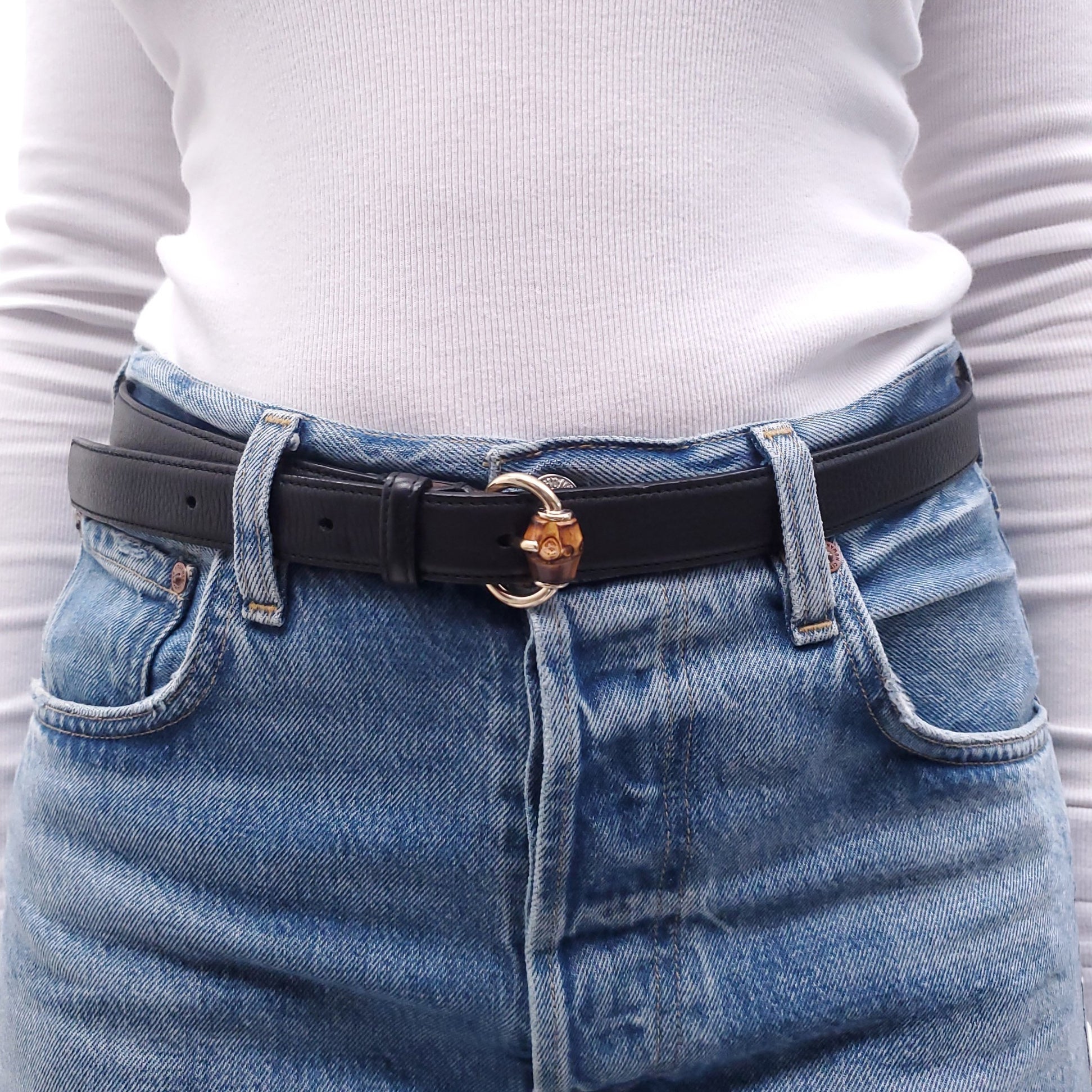 GUCCI BLACK LEATHER BELT WITH BAMBOO DETAIL - SIZE 90