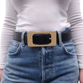 GUCCI BLACK LEATHER BELT WITH LARGE GOLD BUCKLE - SIZE 90