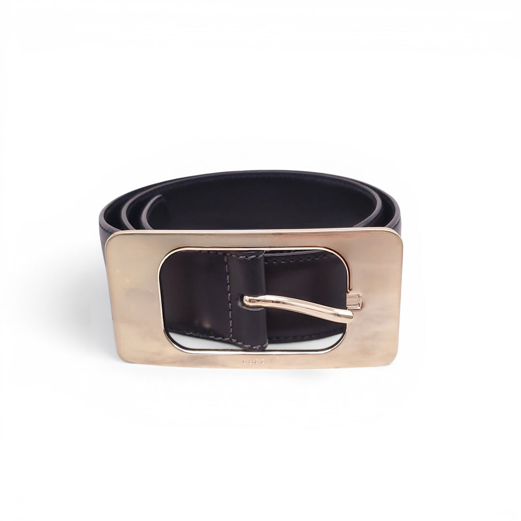 GUCCI BLACK LEATHER BELT WITH LARGE GOLD BUCKLE - SIZE 90