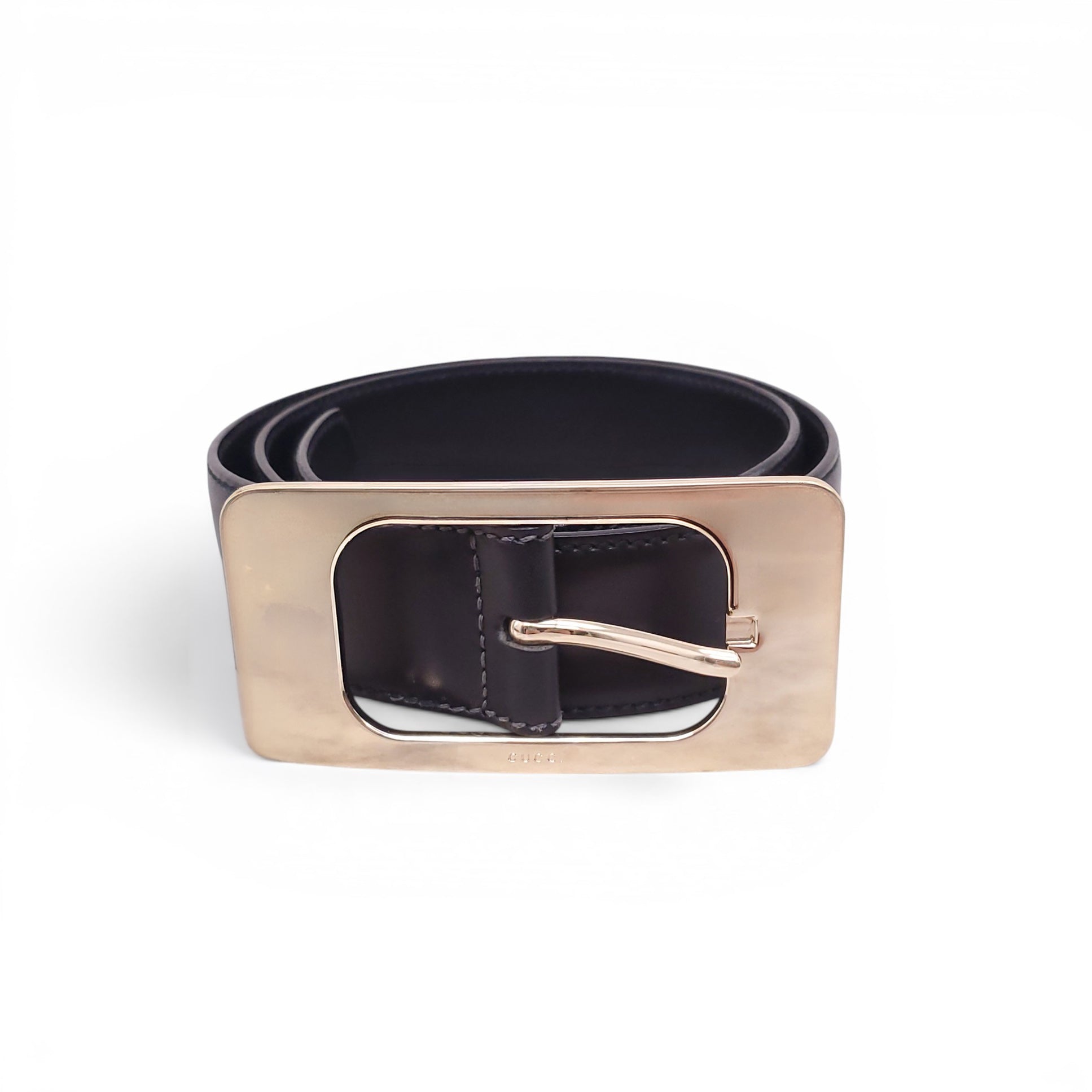 GUCCI BLACK LEATHER BELT WITH LARGE GOLD BUCKLE - SIZE 90
