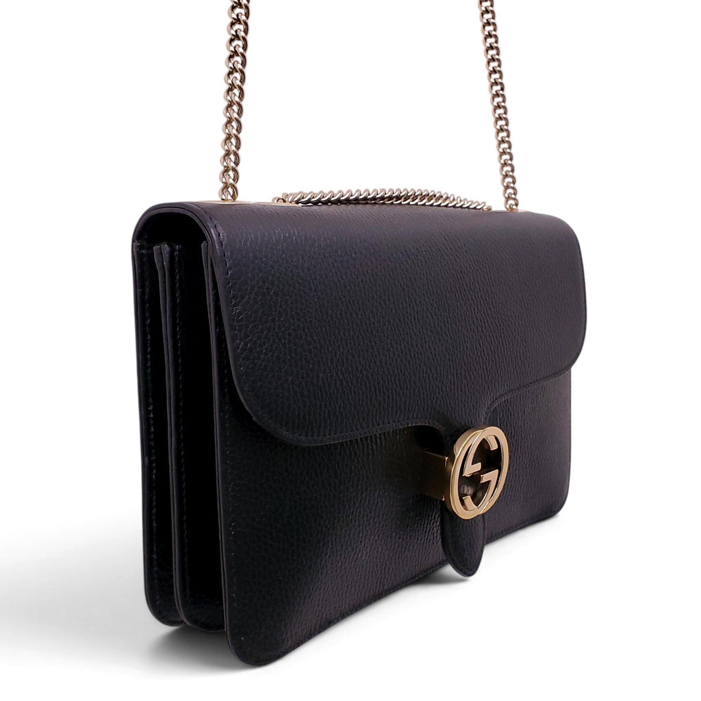 GUCCI BLACK LEATHER CHAIN LINK INTERLOCKING GG BAG