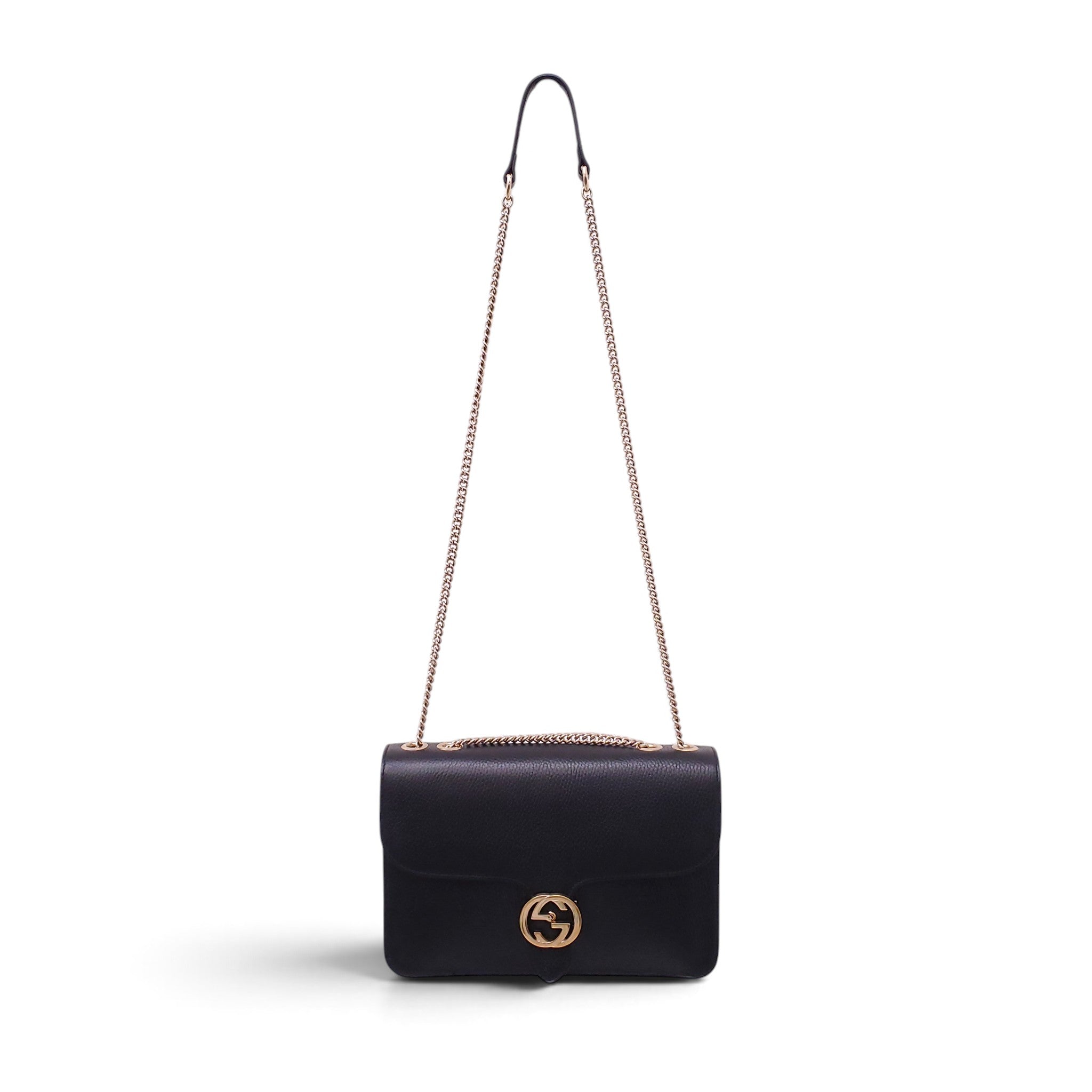 GUCCI BLACK LEATHER CHAIN LINK INTERLOCKING GG BAG