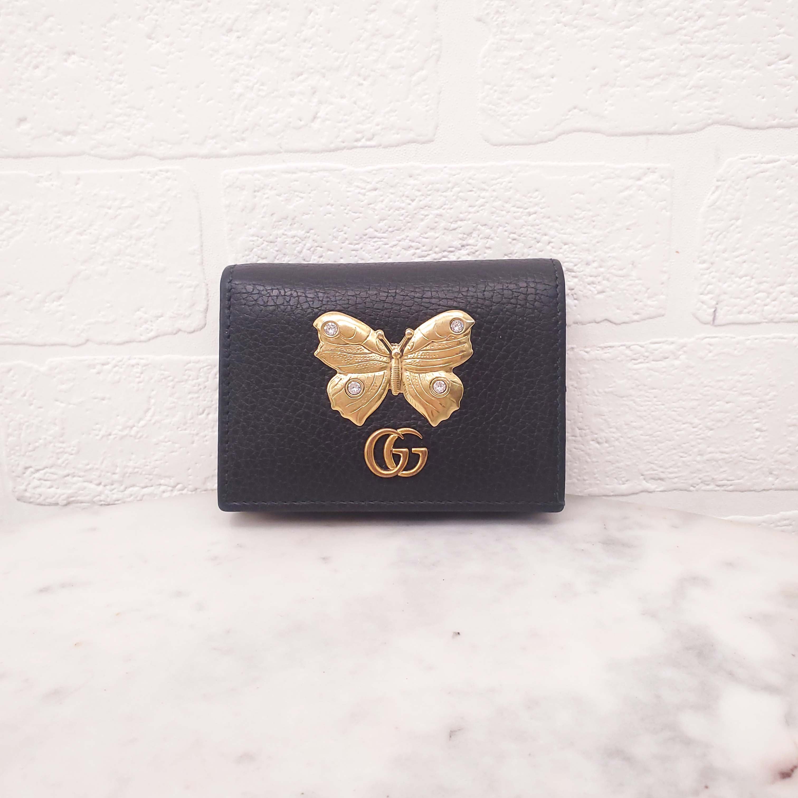 GUCCI BLACK LEATHER COMPACT WALLET WITH BUTTERFLY LOGO