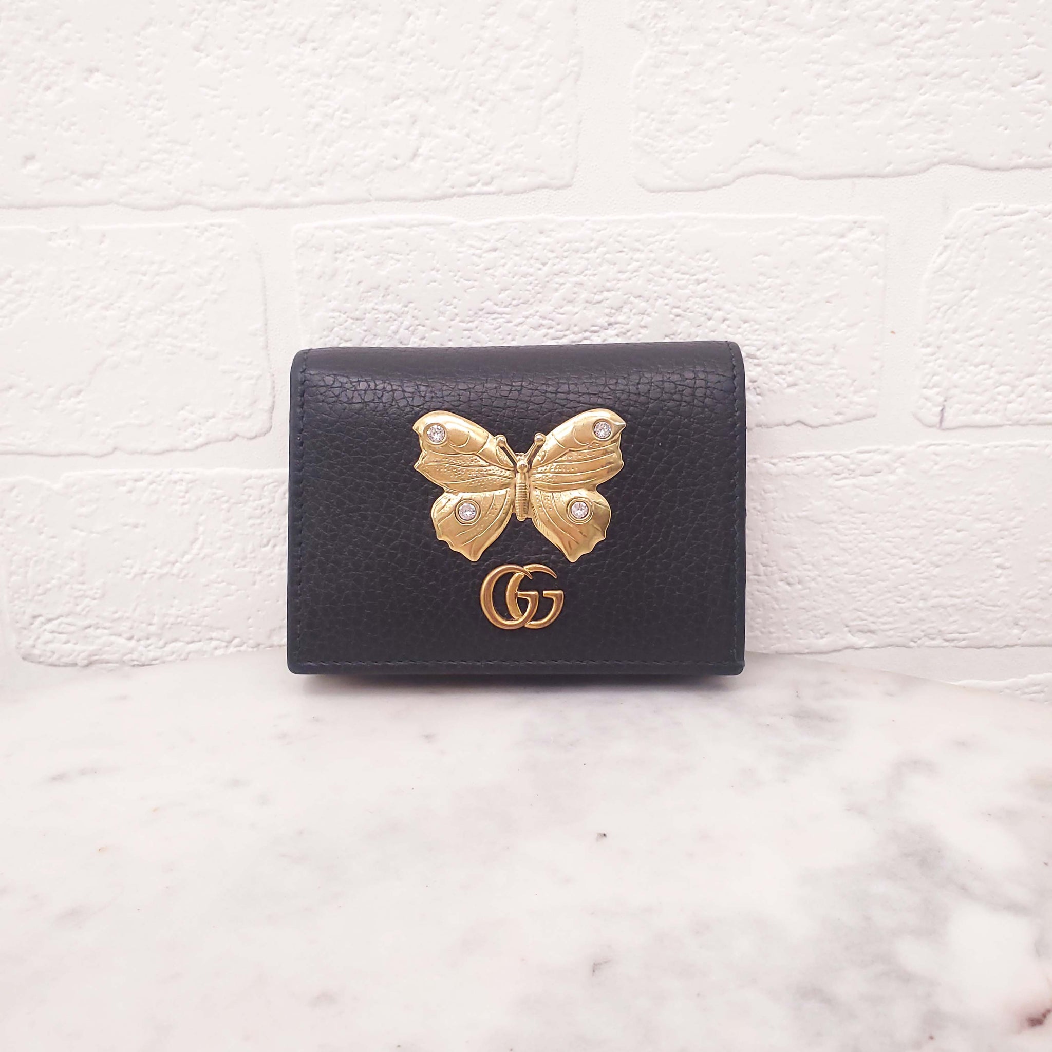 GUCCI BLACK LEATHER COMPACT WALLET WITH BUTTERFLY LOGO