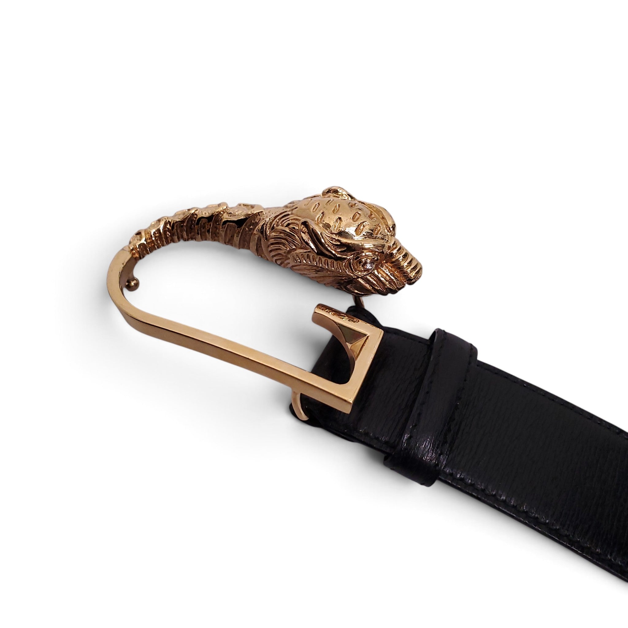 GUCCI BLACK LEATHER GOLD DRAGON EMBLUM BELT - SIZE 75