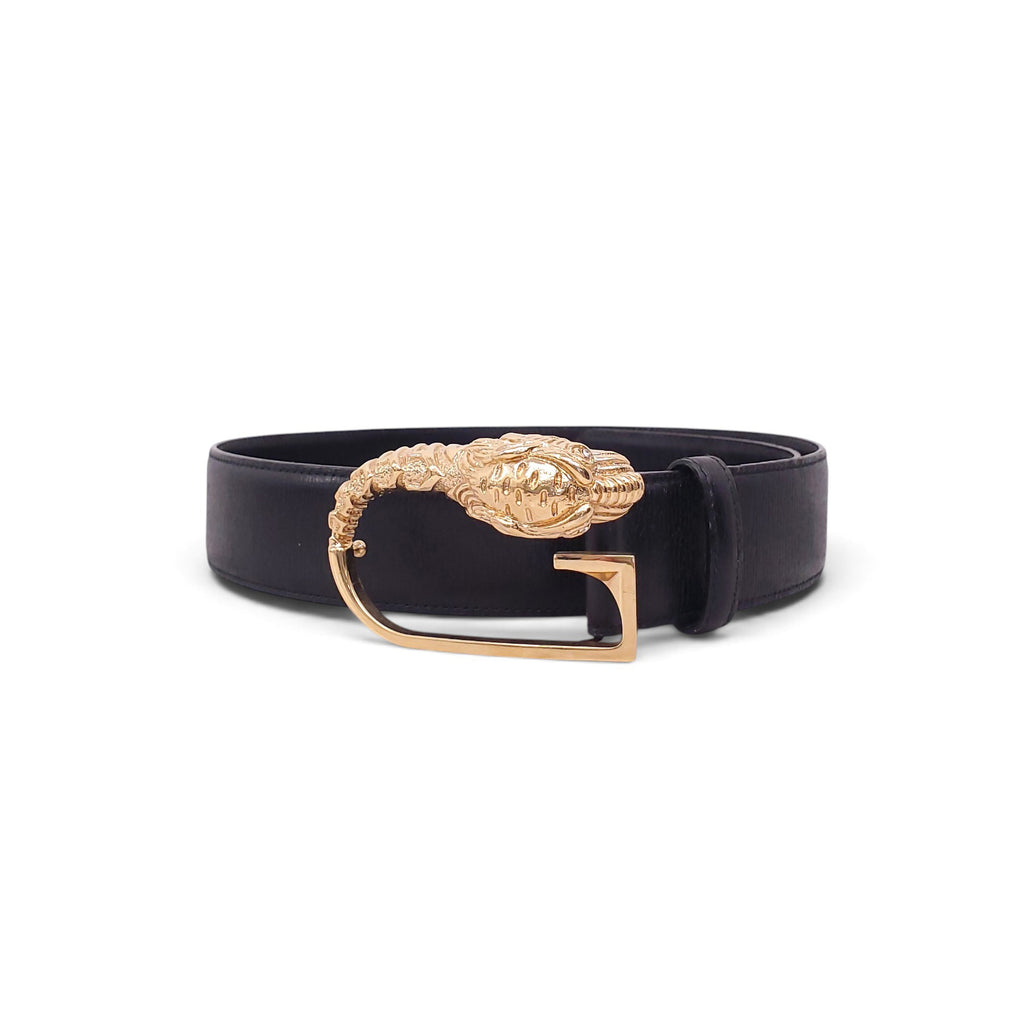 GUCCI BLACK LEATHER GOLD DRAGON EMBLUM BELT - SIZE 75