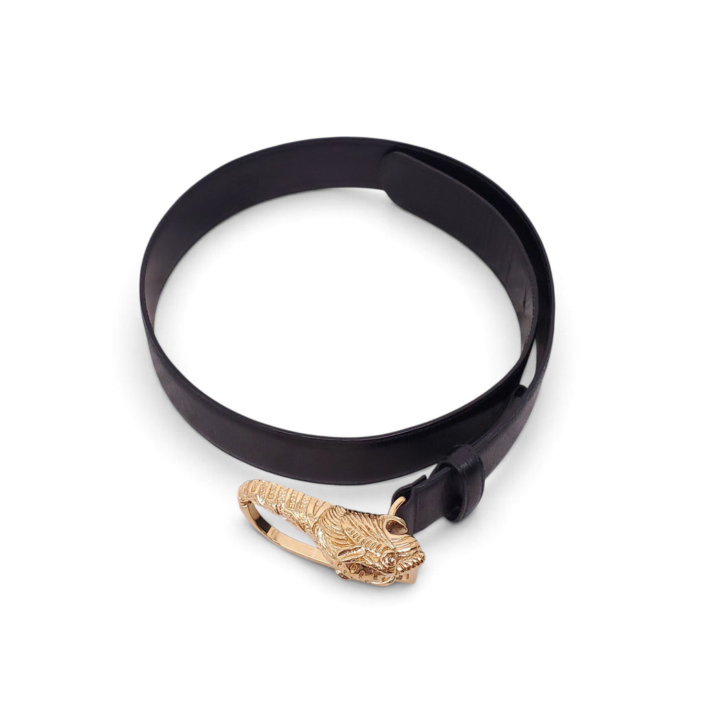GUCCI BLACK LEATHER GOLD DRAGON EMBLUM BELT - SIZE 75