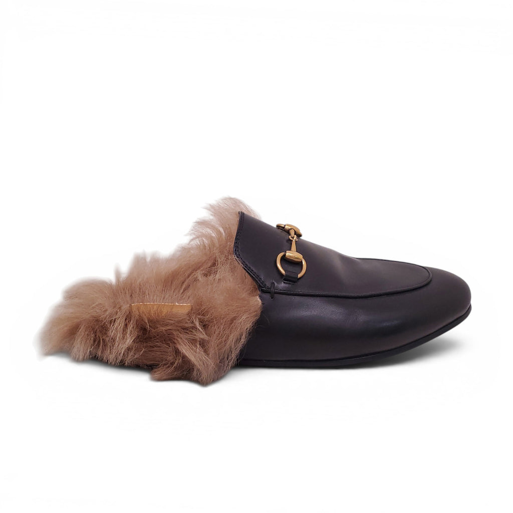 GUCCI BLACK LEATHER HORSEBIT FUR MULES - SIZE 37