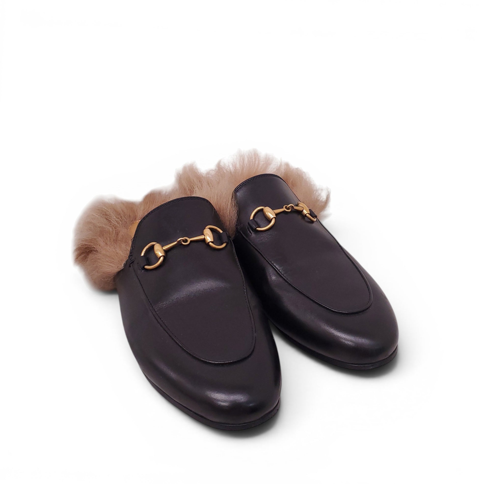 GUCCI BLACK LEATHER HORSEBIT FUR MULES - SIZE 37
