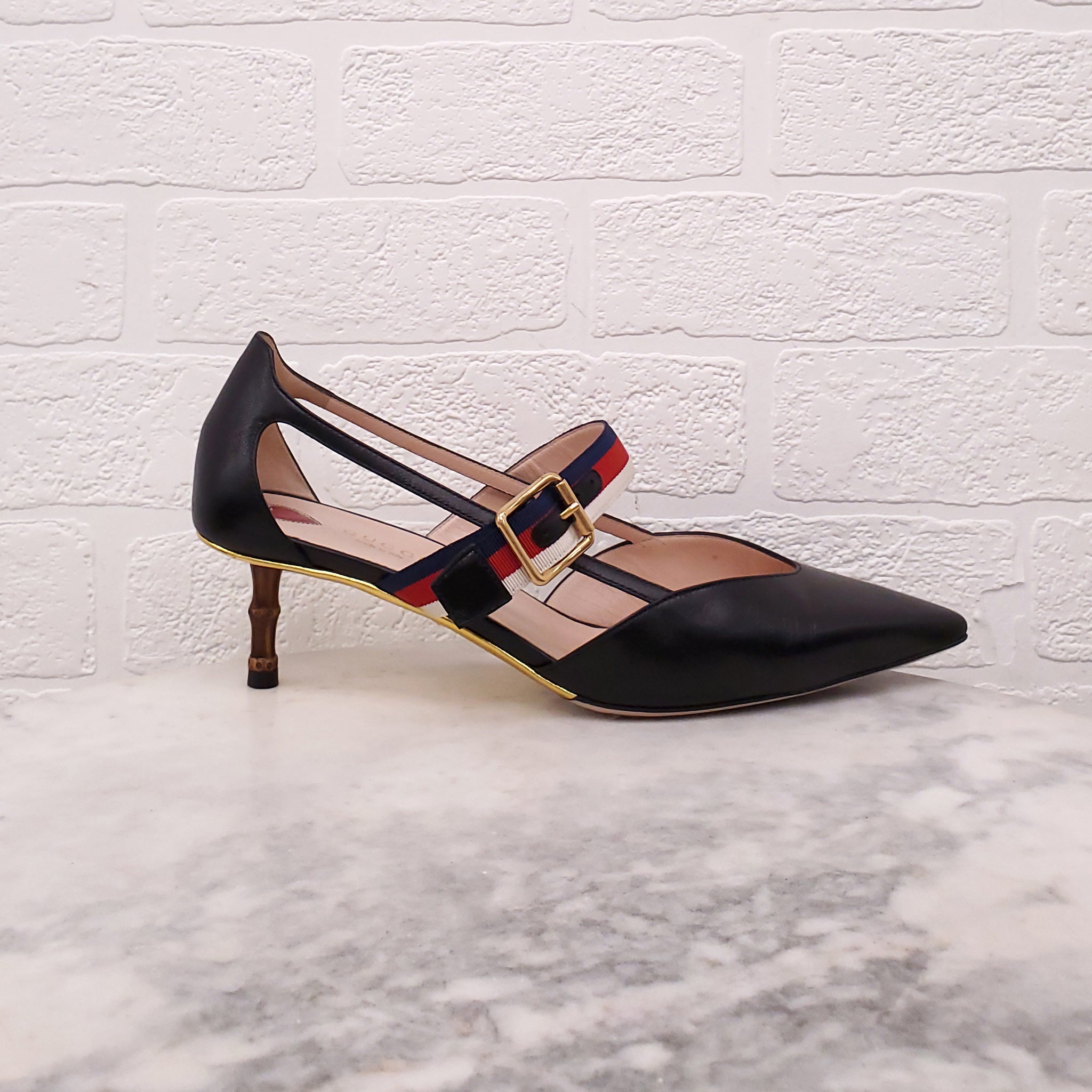 GUCCI BLACK LEATHER KITTEN HEELS WITH RIBBON AND BAMBOO