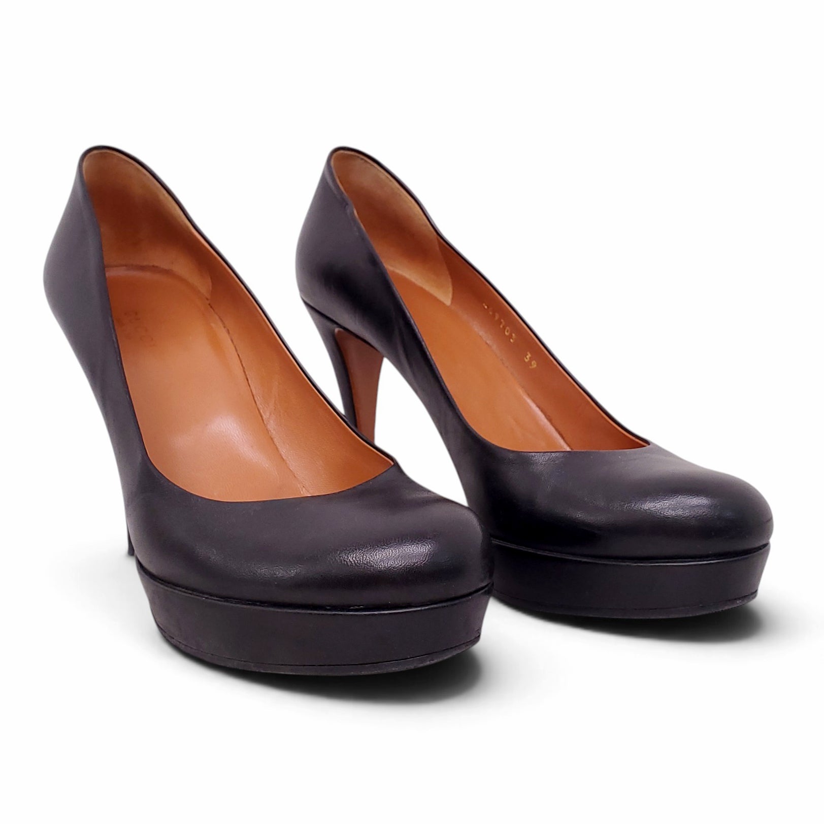 GUCCI BLACK LEATHER ROUND TOTE HEELS - SIZE 39