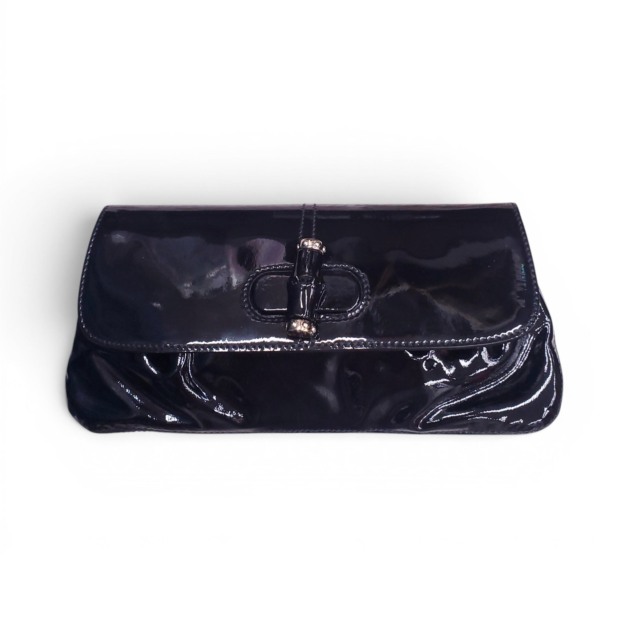 GUCCI BLACK PATENT LEATHER BAMBOO CLUTCH