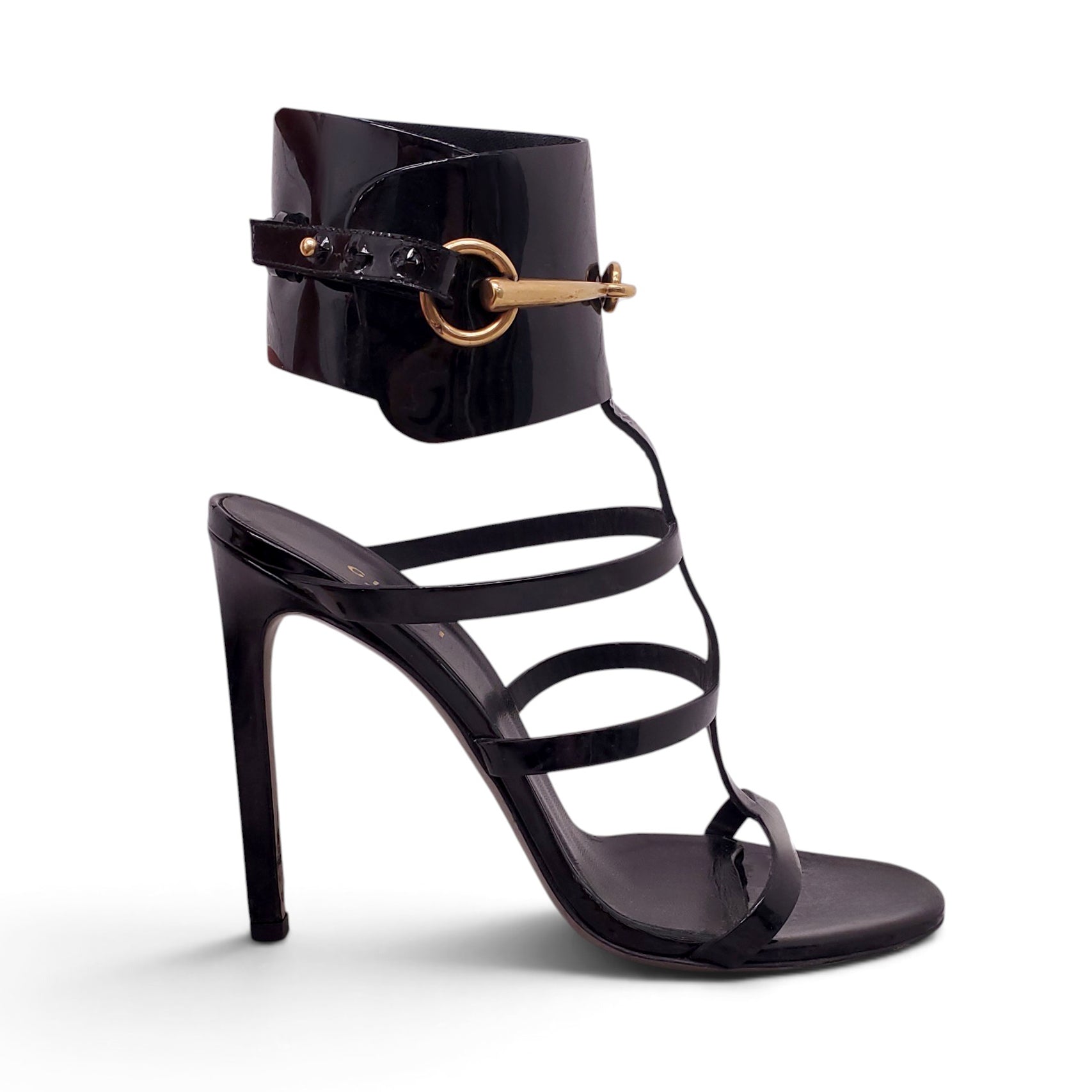 GUCCI BLACK PATENT SANDAL HEELS WITH HORSEBIT DETAIL - SIZE 37.5