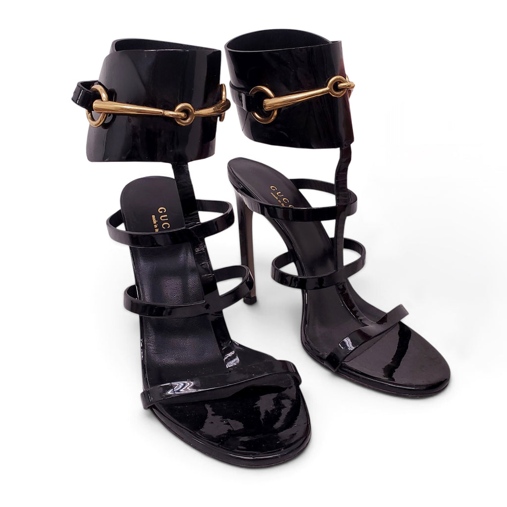 GUCCI BLACK PATENT SANDAL HEELS WITH HORSEBIT DETAIL - SIZE 37.5