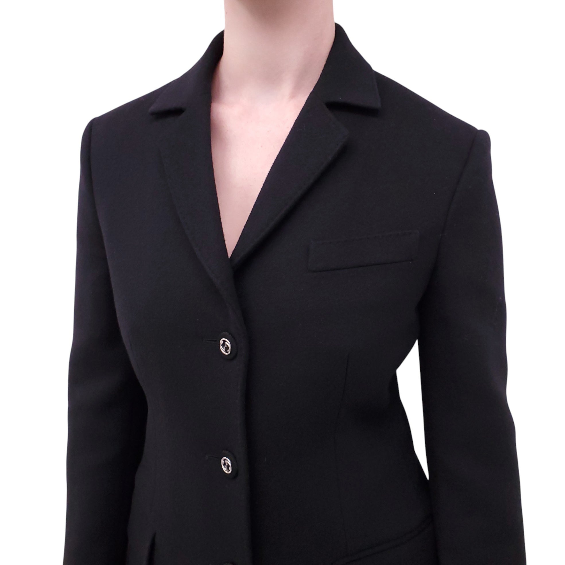 GUCCI BLACK PEACOAT WITH GG LOGO BUTTONS - SIZE 36
