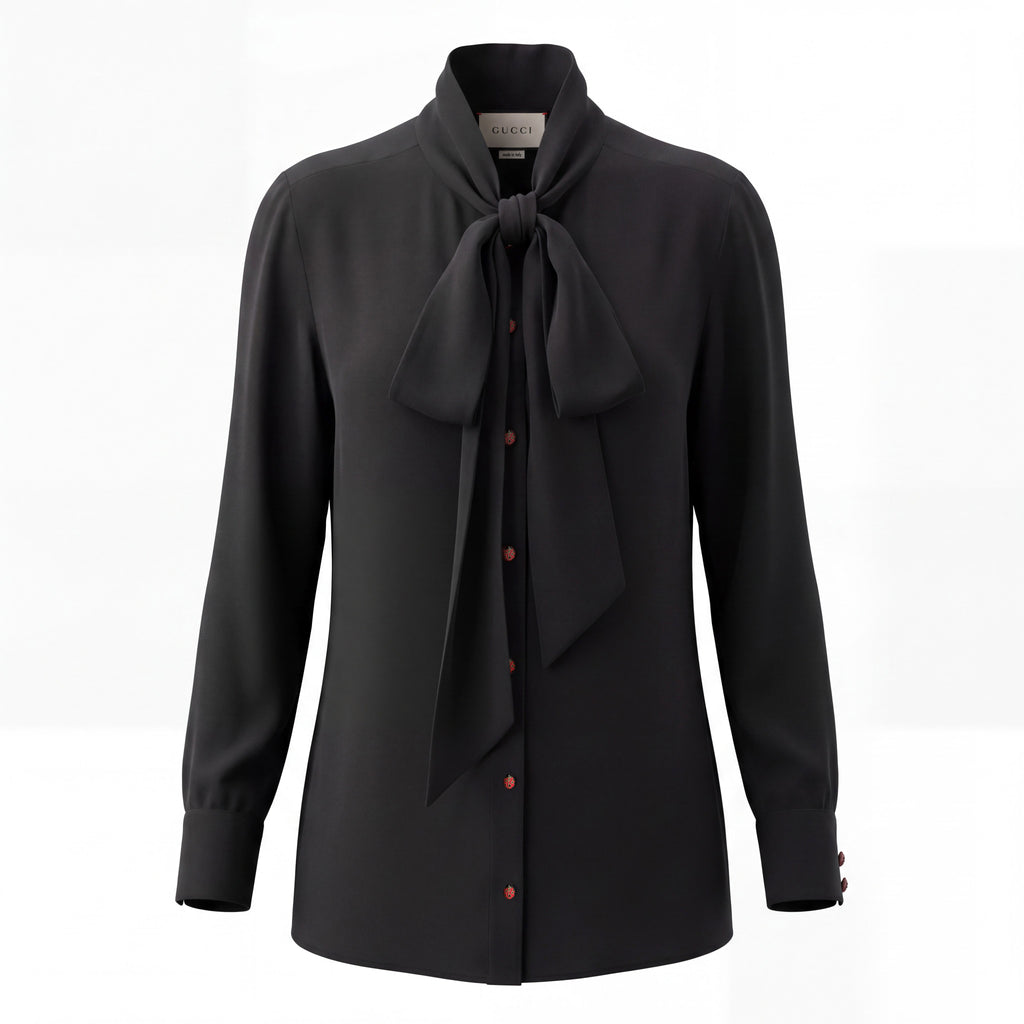 GUCCI BLACK SILK TIE BLOUSE WITH LADY BUG BUTTONS - SIZE 44
