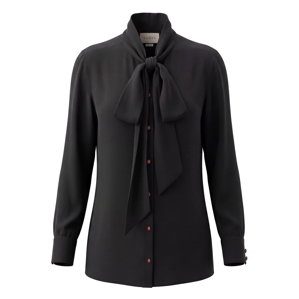GUCCI BLACK SILK TIE BLOUSE WITH LADY BUG BUTTONS - SIZE 44