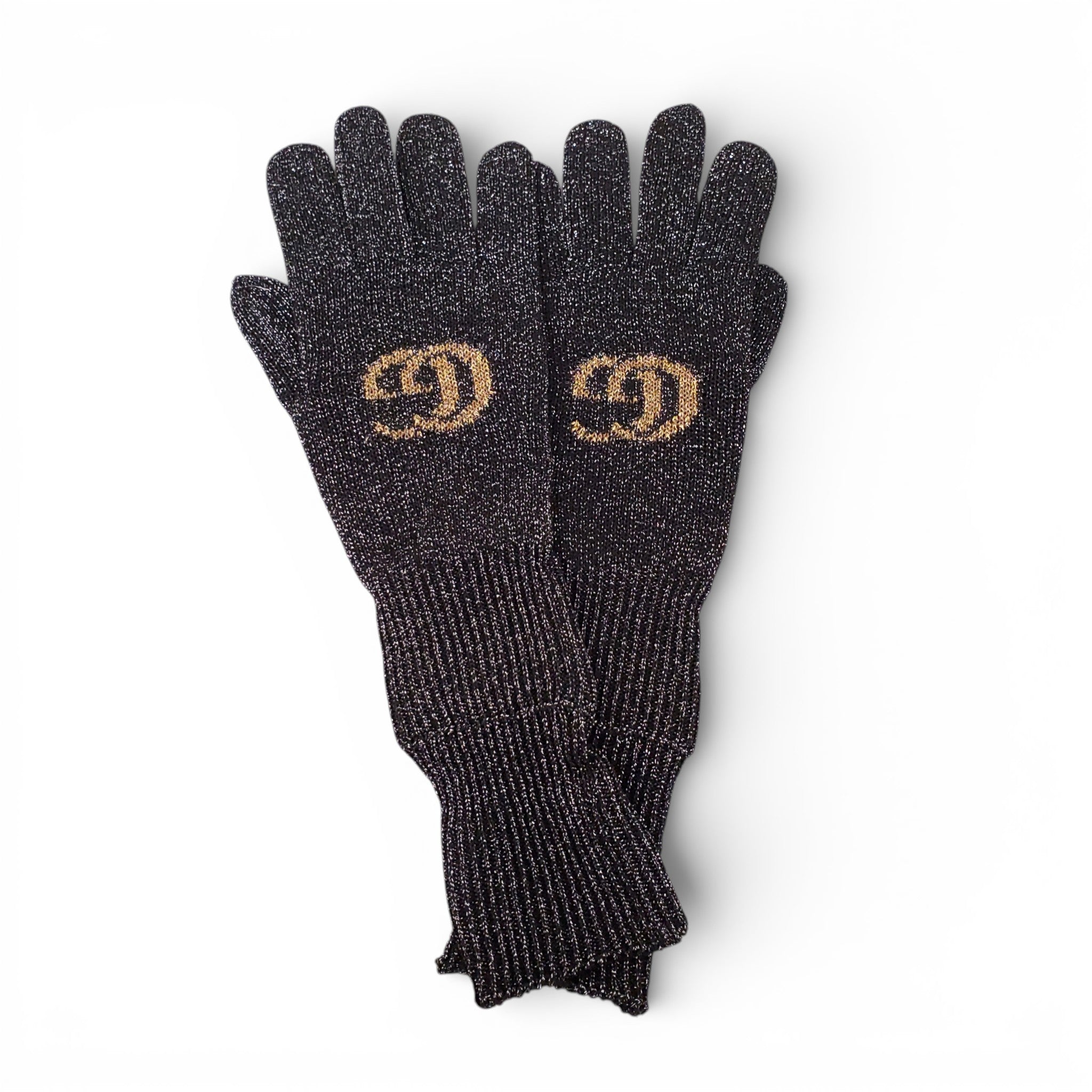 GUCCI BLACK SPARKLE LOGO HEADBAND AND GLOVES - SIZE M (HEADBAND), SIZE L (GLOVES)