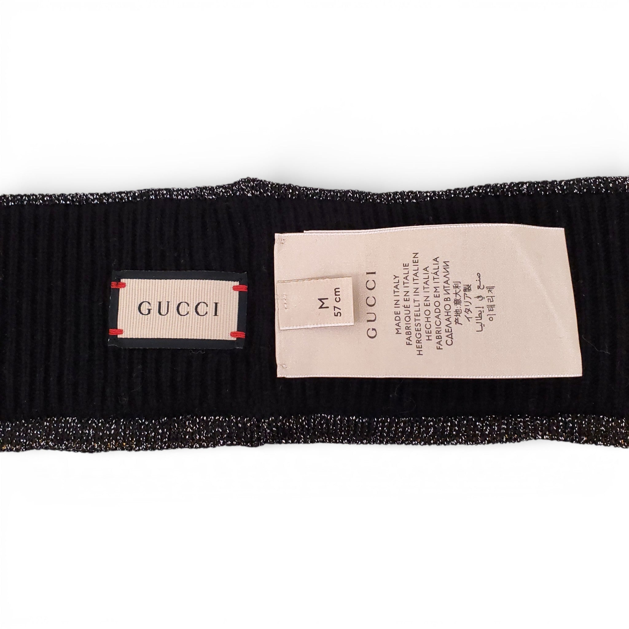 GUCCI BLACK SPARKLE LOGO HEADBAND AND GLOVES - SIZE M (HEADBAND), SIZE L (GLOVES)