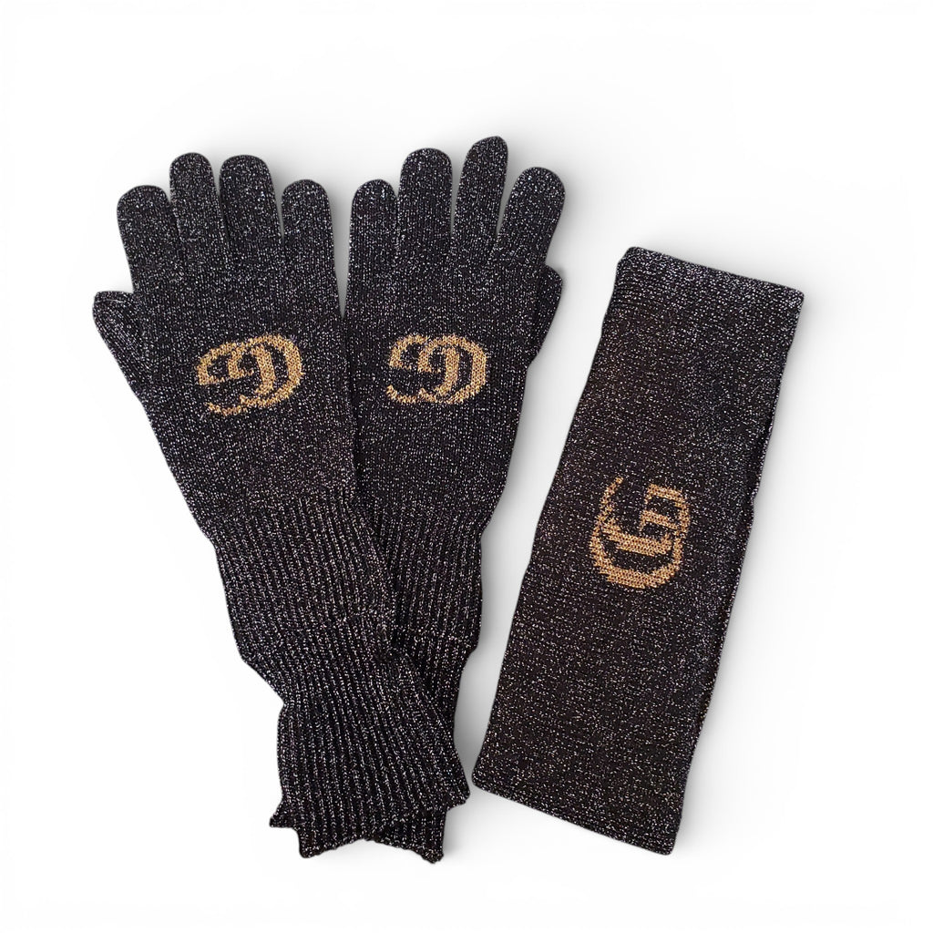 GUCCI BLACK SPARKLE LOGO HEADBAND AND GLOVES - SIZE M (HEADBAND), SIZE L (GLOVES)