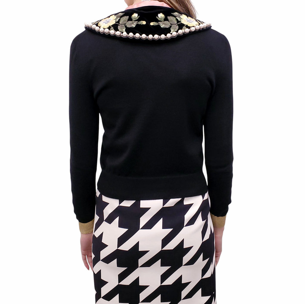 GUCCI BLACK SWEATER WITH REMOVABLE VELVET FLORAL PEARL EMBROIDERED COLLAR - SIZE XS