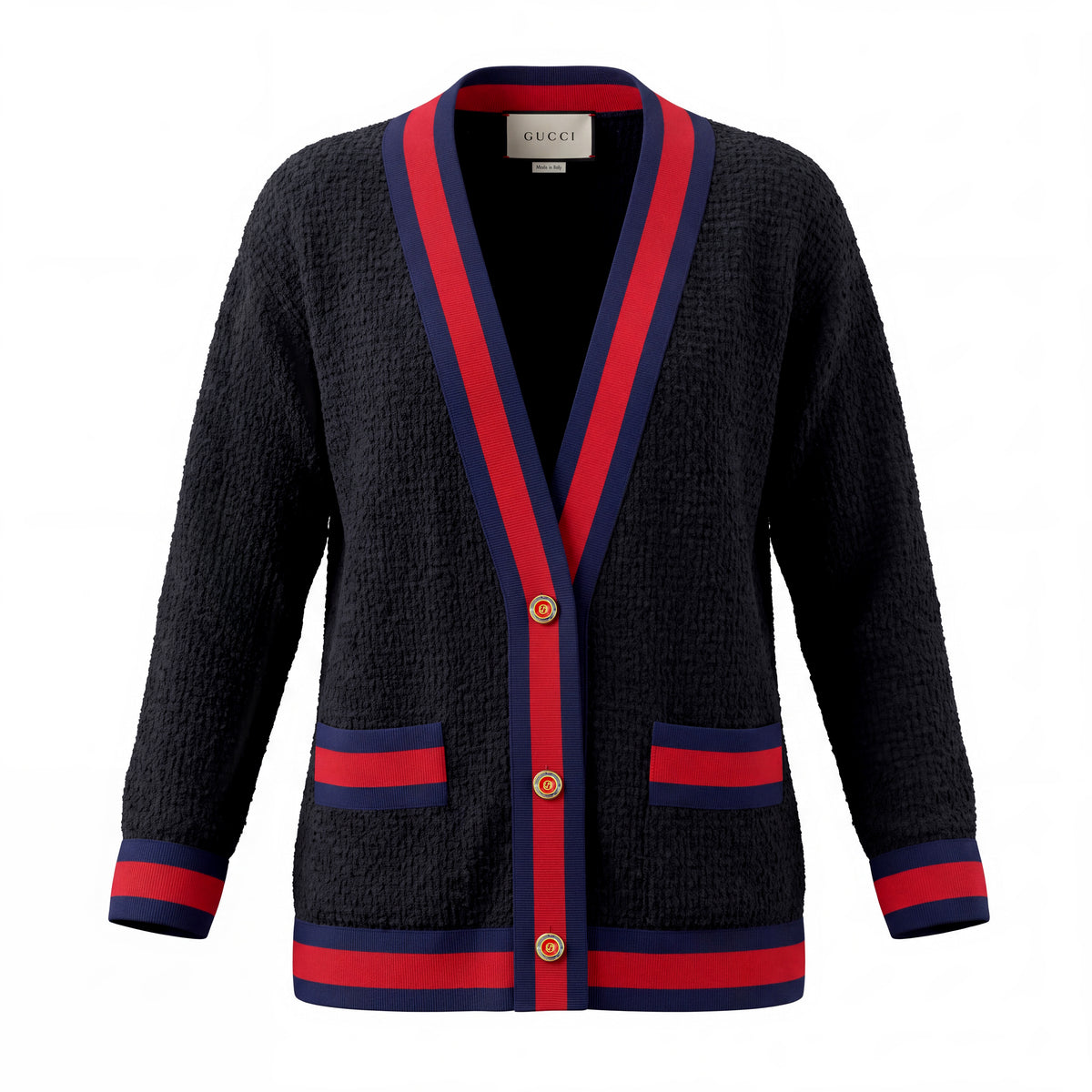 GUCCI BLACK TWEED OVERSIZED SWEATER JACKET WITH WEB DETAIL AND LOGO BUTTONS - SIZE 36