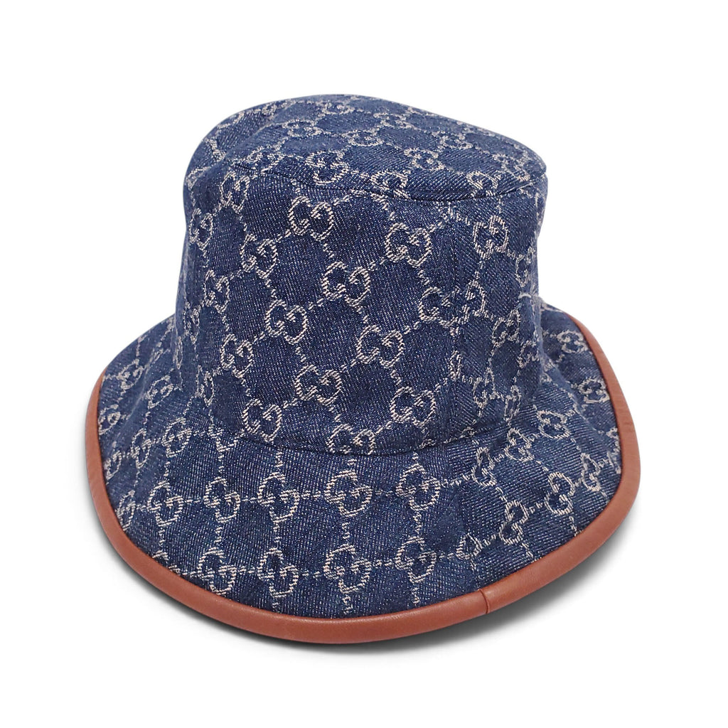 GUCCI BLUE AND BROWN MONOGRAM DENIM WITH LEATHER TRIM BUCKET HAT - SIZE M