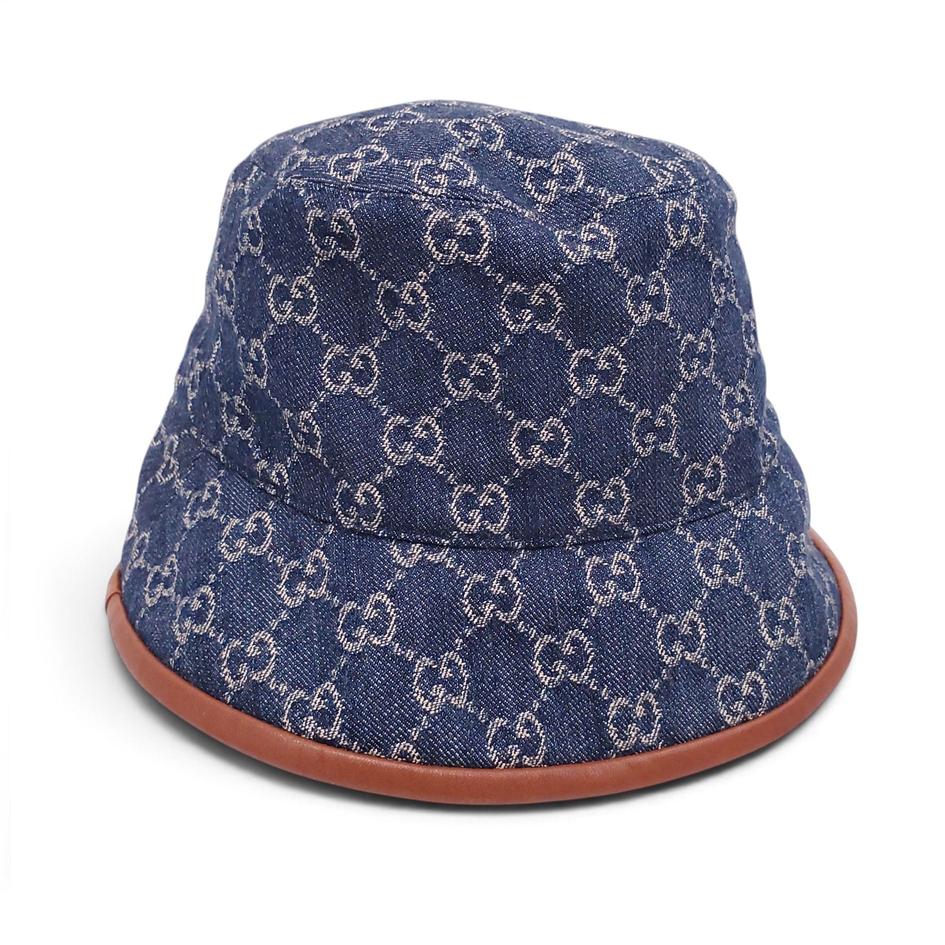 GUCCI BLUE AND BROWN MONOGRAM DENIM WITH LEATHER TRIM BUCKET HAT - SIZE M