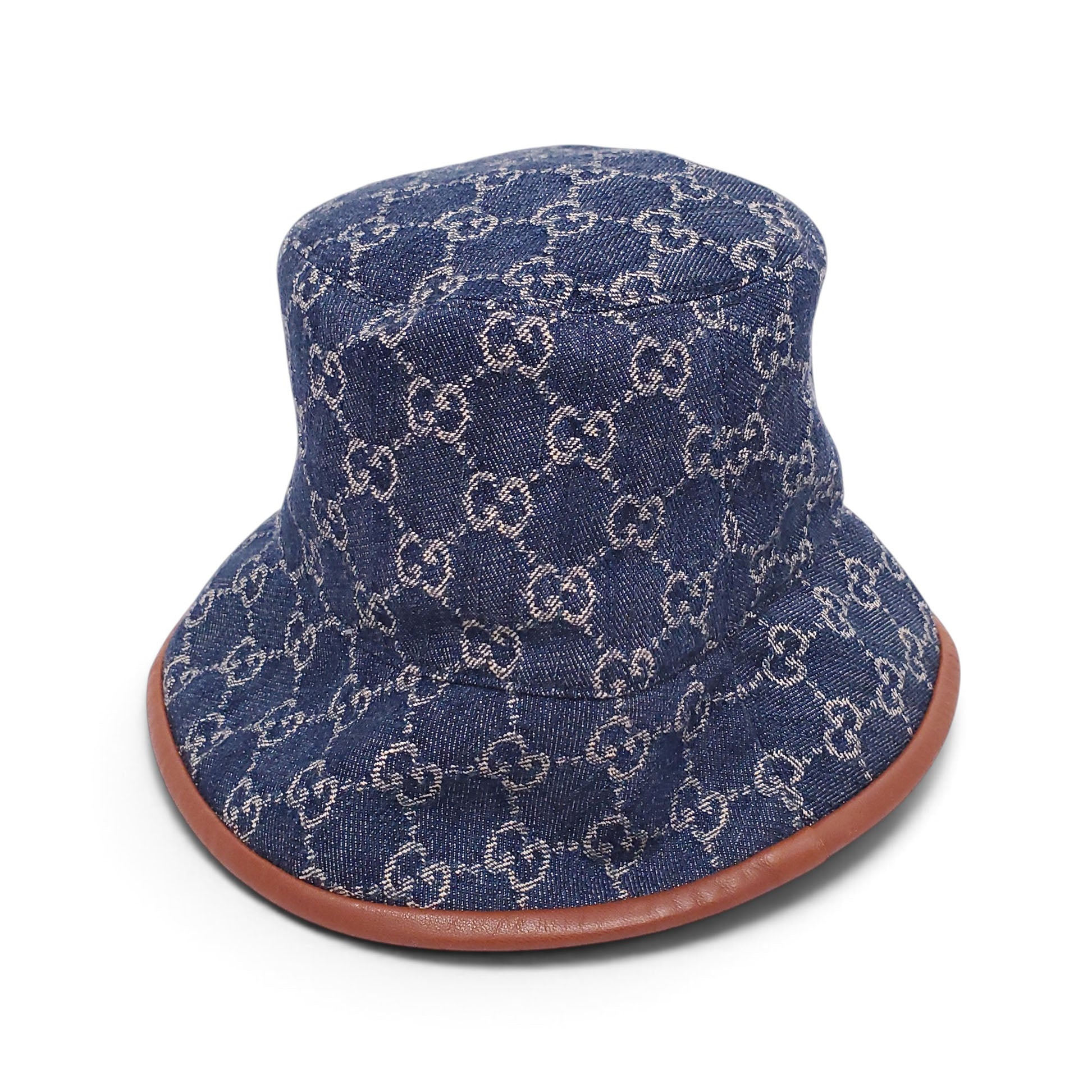 GUCCI BLUE AND BROWN MONOGRAM DENIM WITH LEATHER TRIM BUCKET HAT - SIZE M