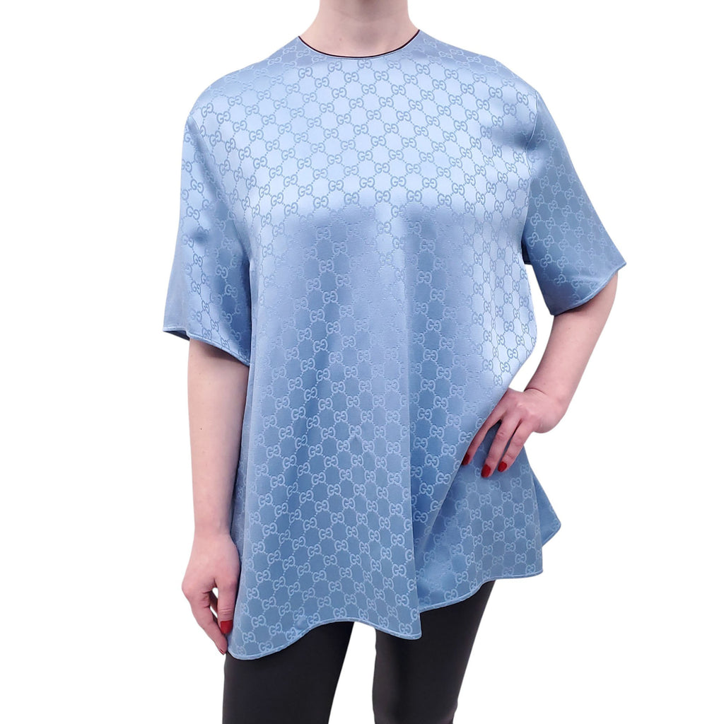 GUCCI BLUE SATIN MONOGRAM OVERSIZED SHORT-SLEEVE BLOUSE - SIZE 40