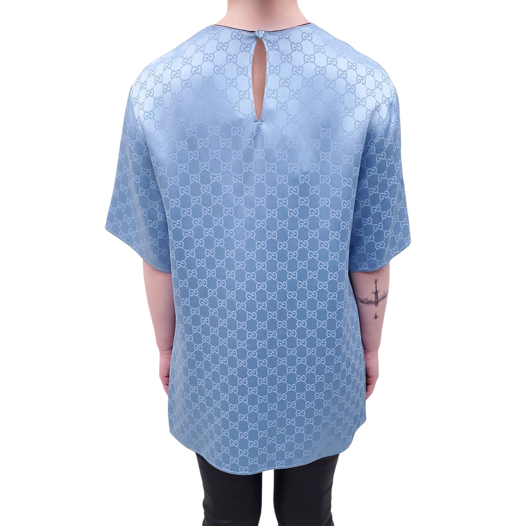 GUCCI BLUE SATIN MONOGRAM OVERSIZED SHORT-SLEEVE BLOUSE - SIZE 40