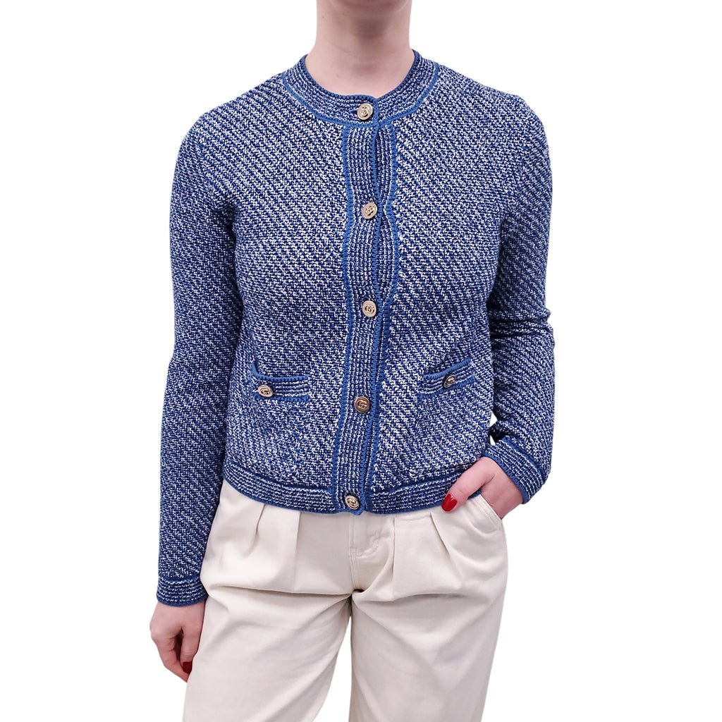 GUCCI BLUE TWEED GG CARDIGAN WITH GOLD LOGO BUTTONS - SIZE XS