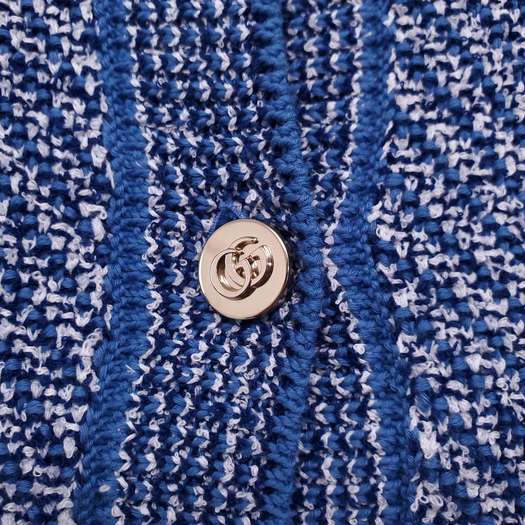 GUCCI BLUE TWEED GG CARDIGAN WITH GOLD LOGO BUTTONS - SIZE XS