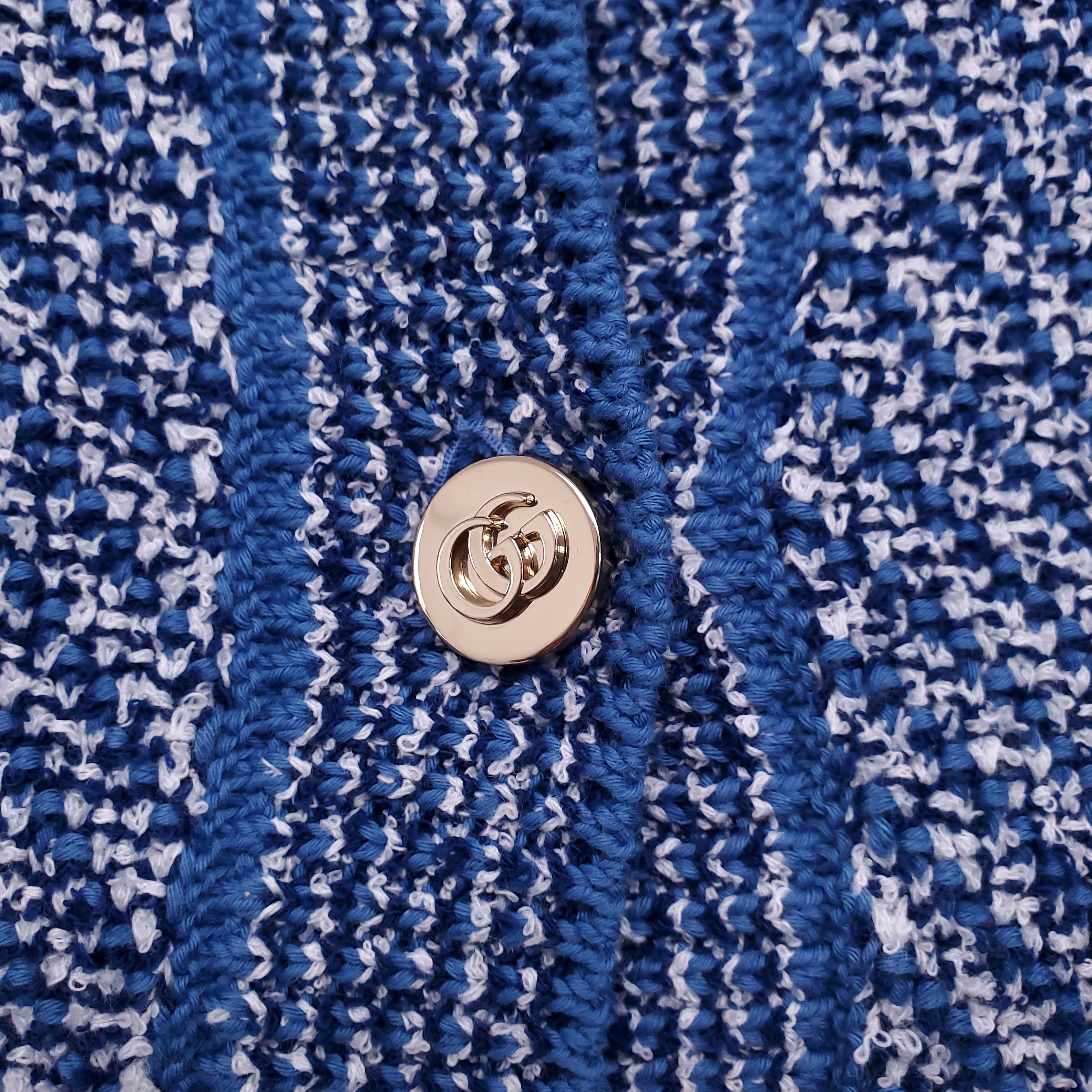 GUCCI BLUE TWEED GG CARDIGAN WITH GOLD LOGO BUTTONS - SIZE XS