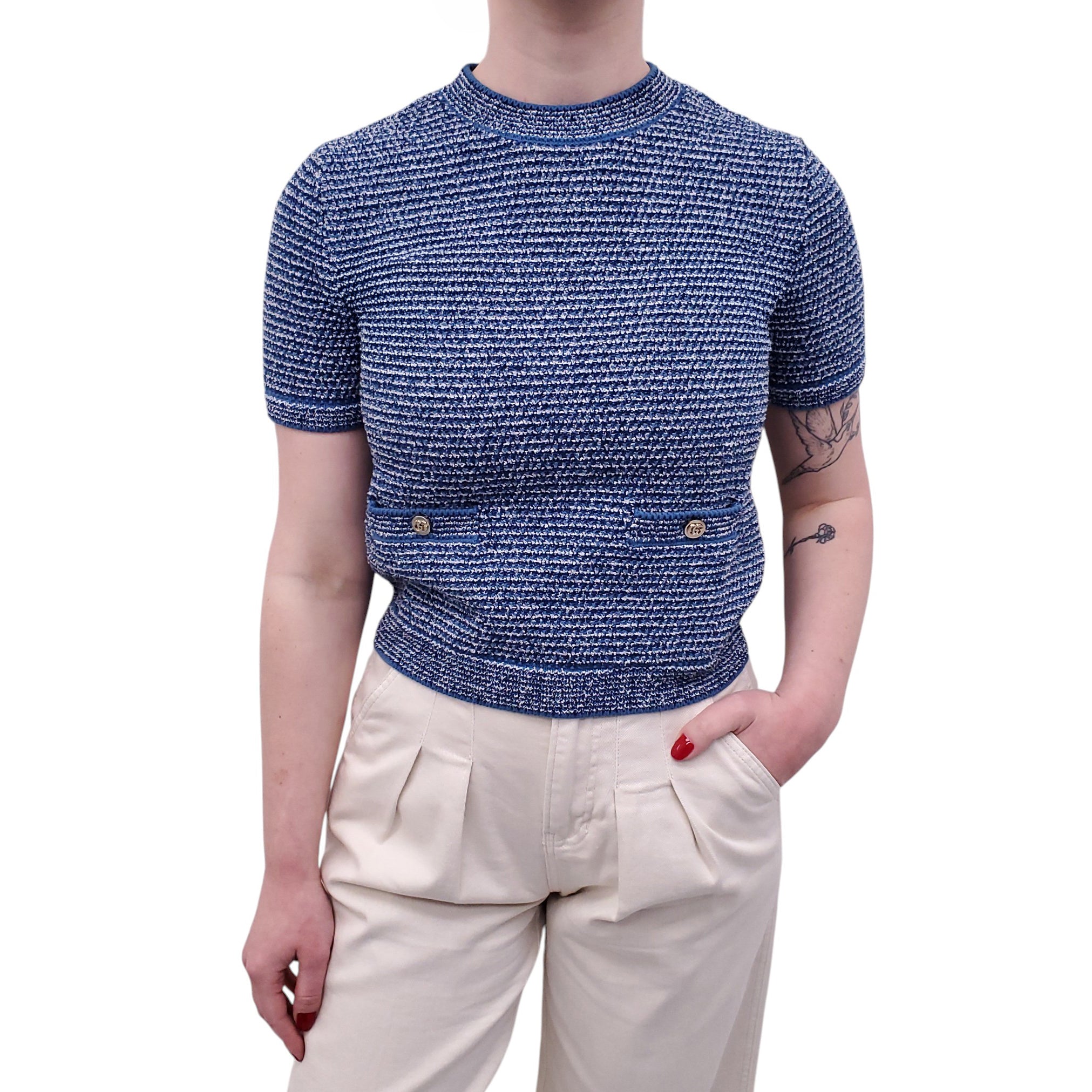 GUCCI BLUE TWEED GG SHORT-SLEEVE SWEATER WITH GOLD LOGO BUTTONS - SIZE XS