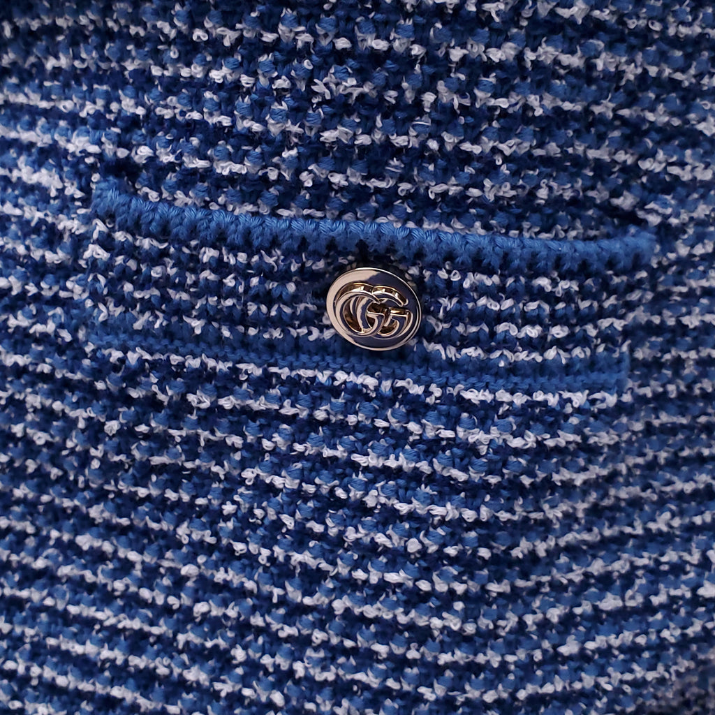 GUCCI BLUE TWEED GG SHORT-SLEEVE SWEATER WITH GOLD LOGO BUTTONS - SIZE XS