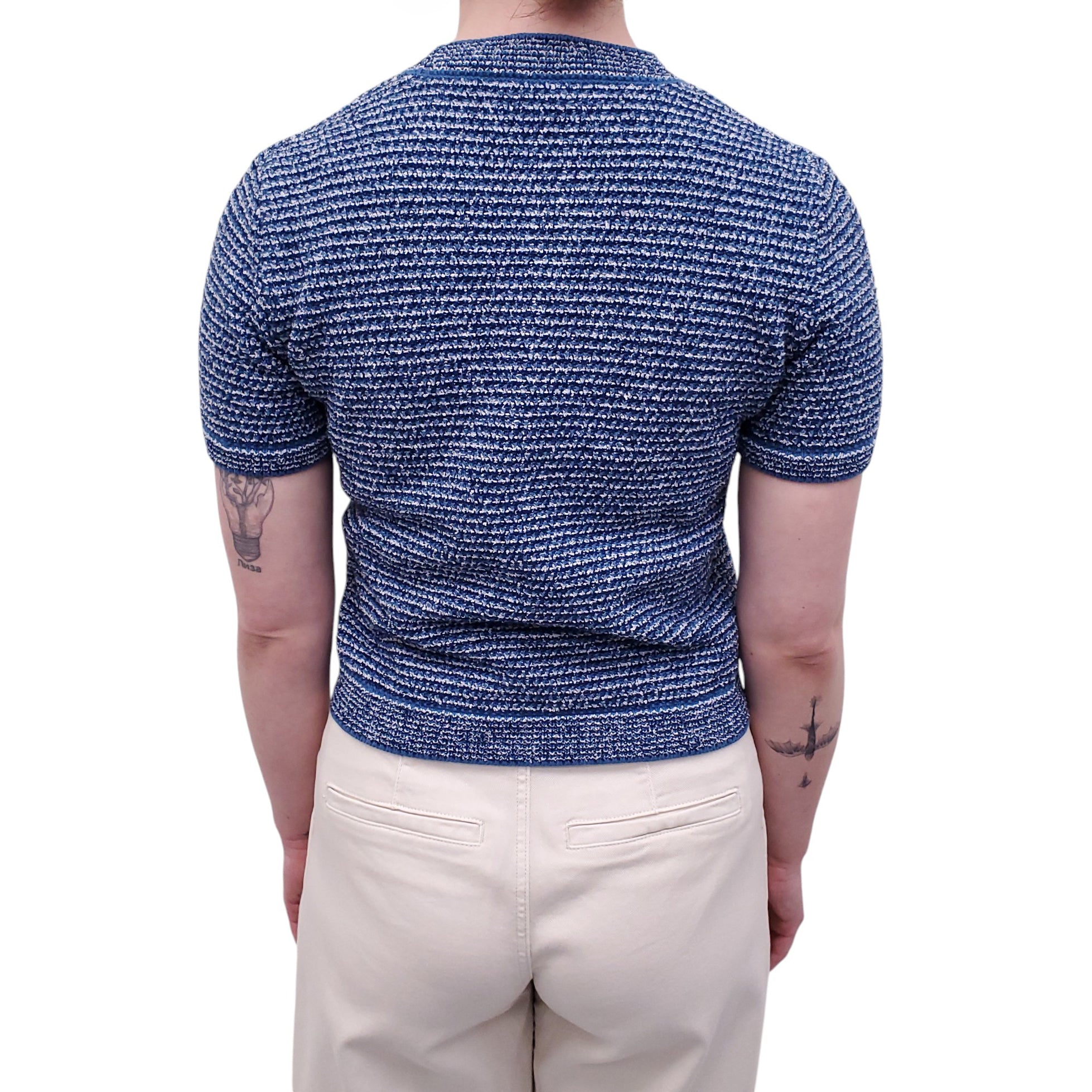 GUCCI BLUE TWEED GG SHORT-SLEEVE SWEATER WITH GOLD LOGO BUTTONS - SIZE XS