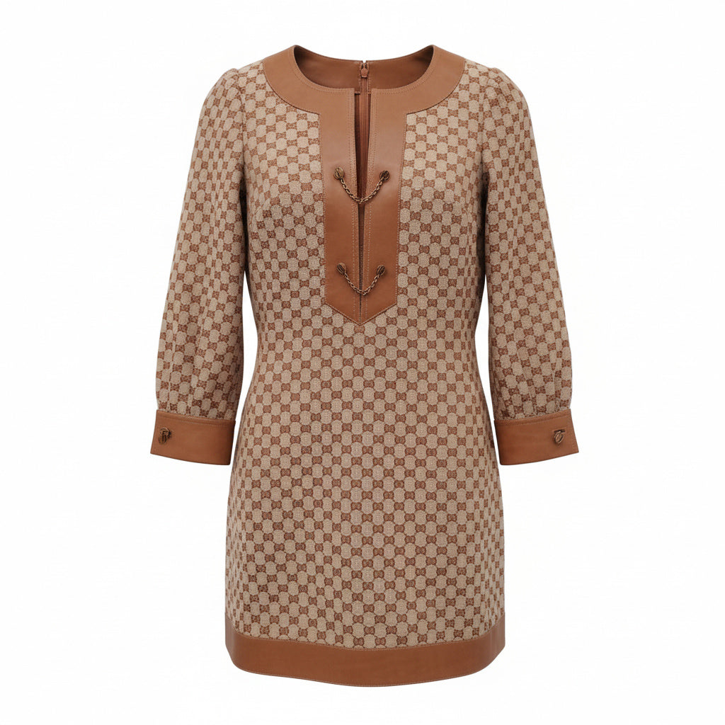 GUCCI CANVAS AND LEATHER LOGO DRESS - SIZE 36