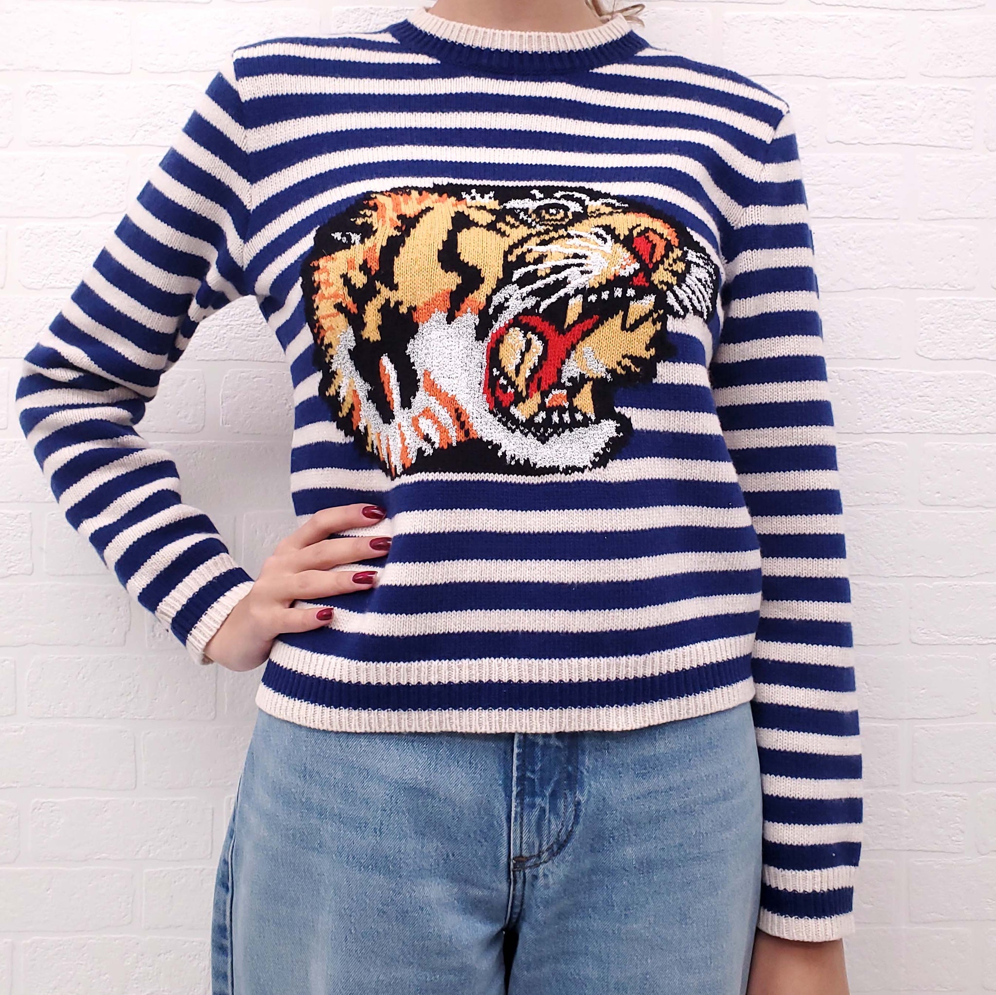 GUCCI CREAM AND BLUE STRIPED SWEATER WITH TIGER SIZE XS