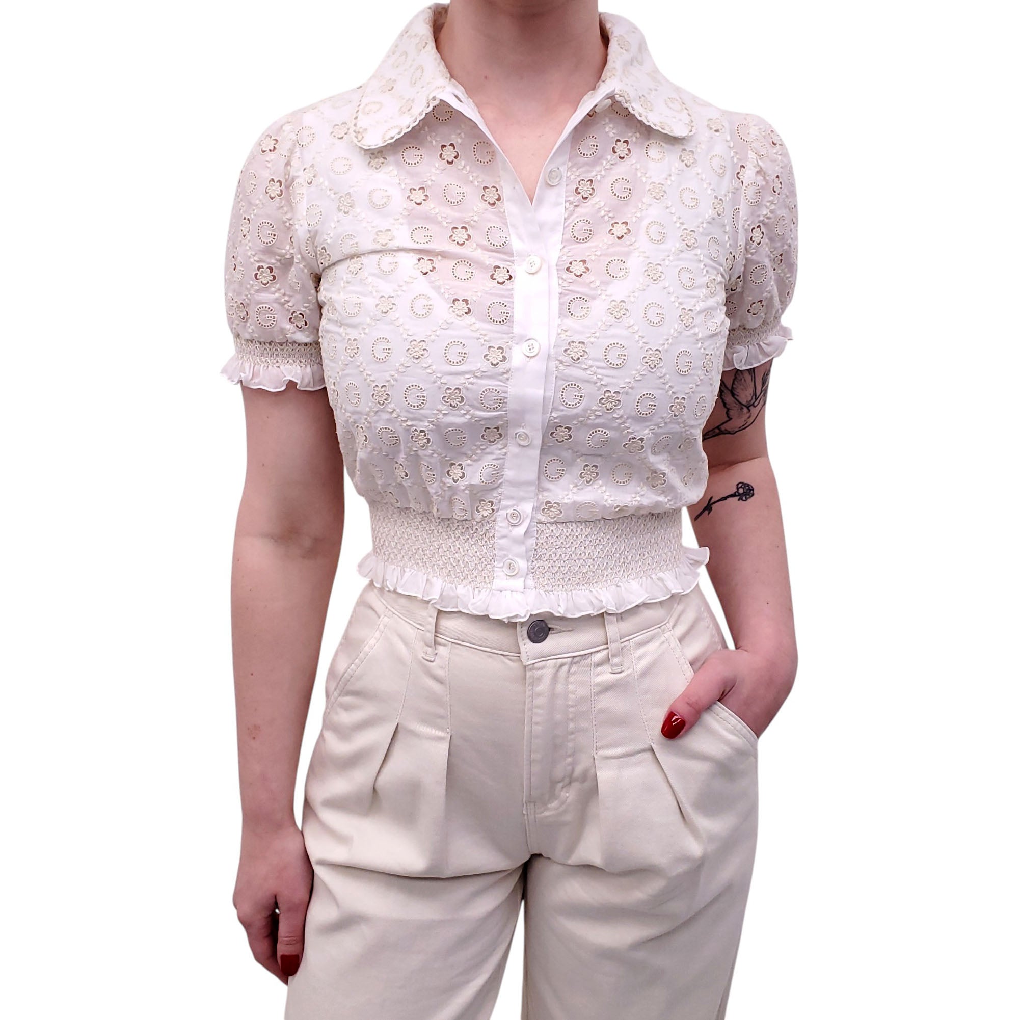 GUCCI CREAM EYELET LOGO BLOUSE - SIZE 36