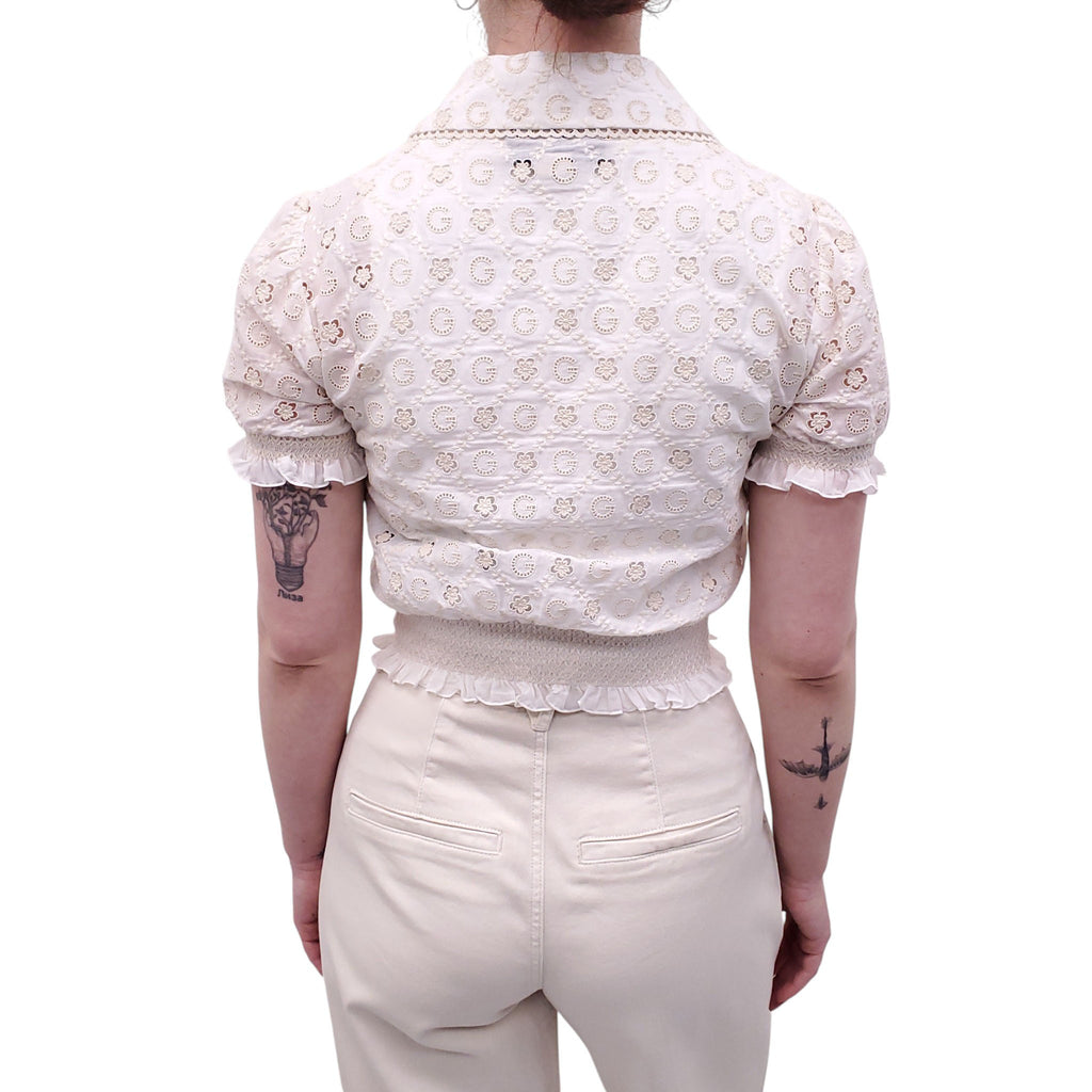 GUCCI CREAM EYELET LOGO BLOUSE - SIZE 36