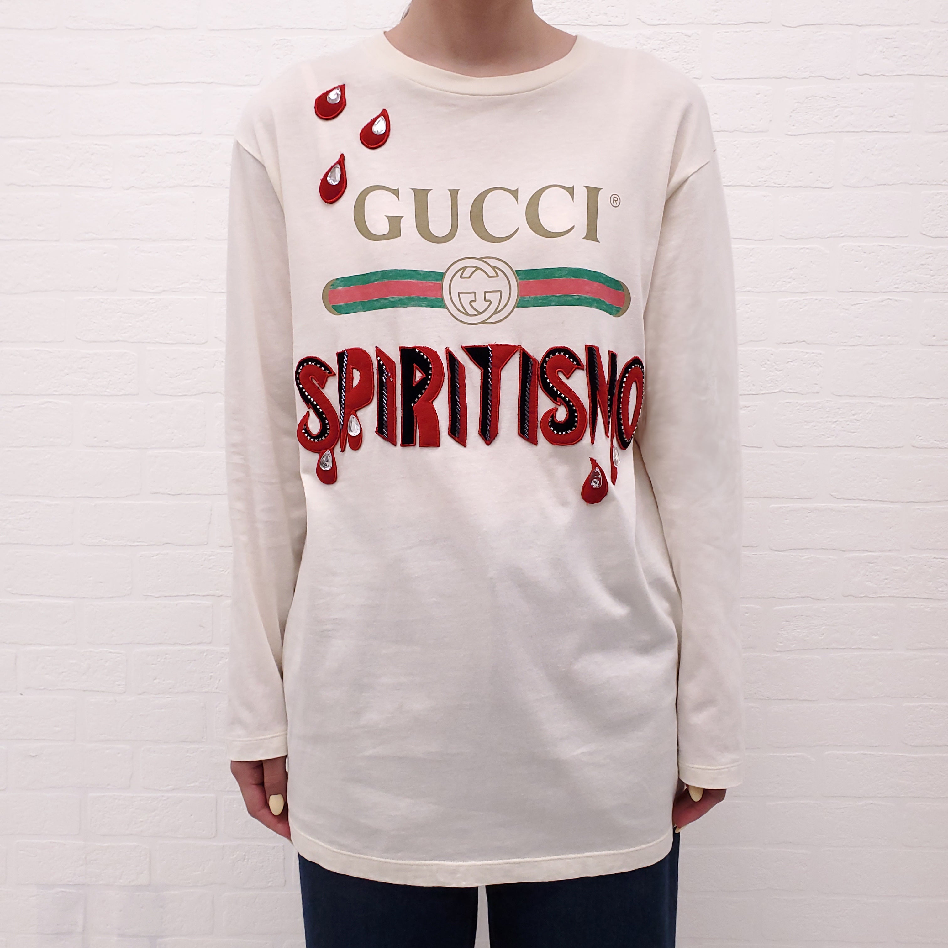 GUCCI CREAM LONG SLEEVE SPIRITSINO CRYSTAL LOGO T-SHIRT - SIZE XXS