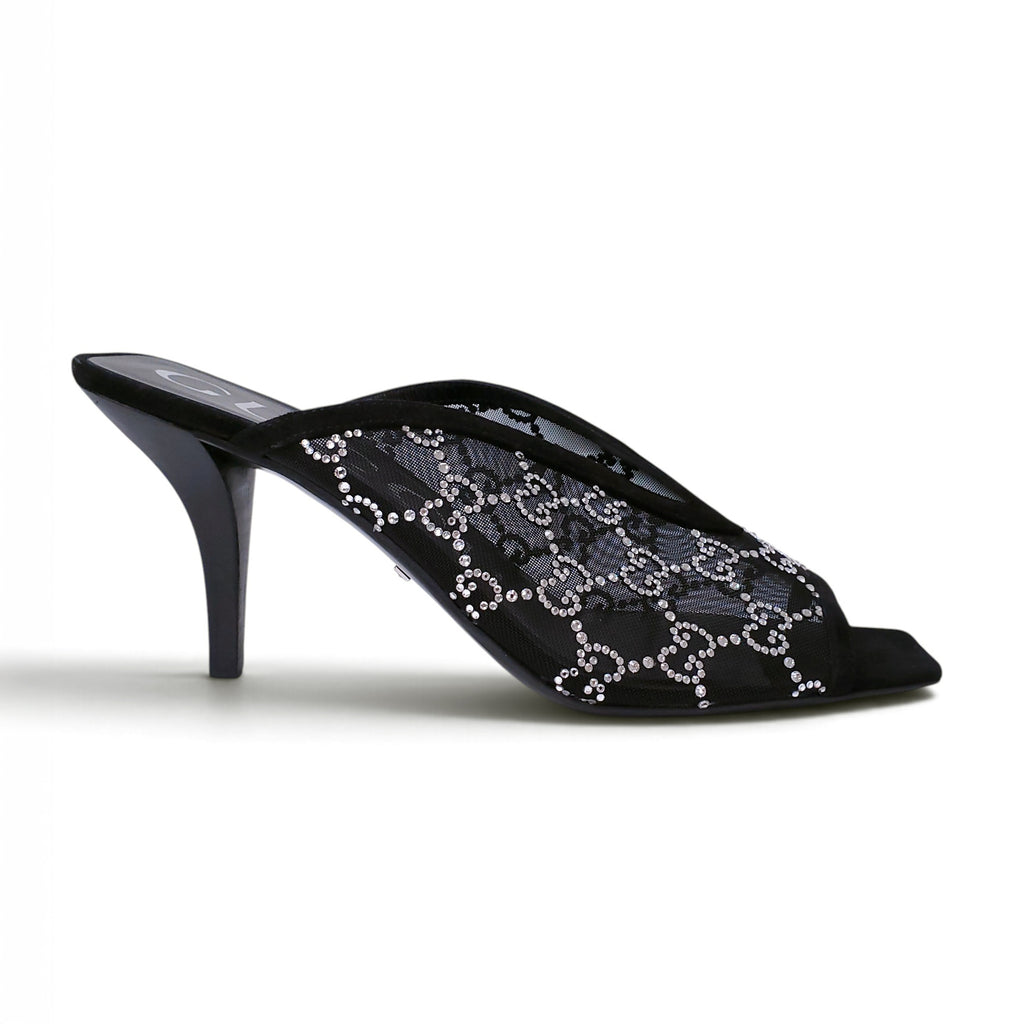 GUCCI CRYSTAL BLACK LOGO MULES  - SIZE 39