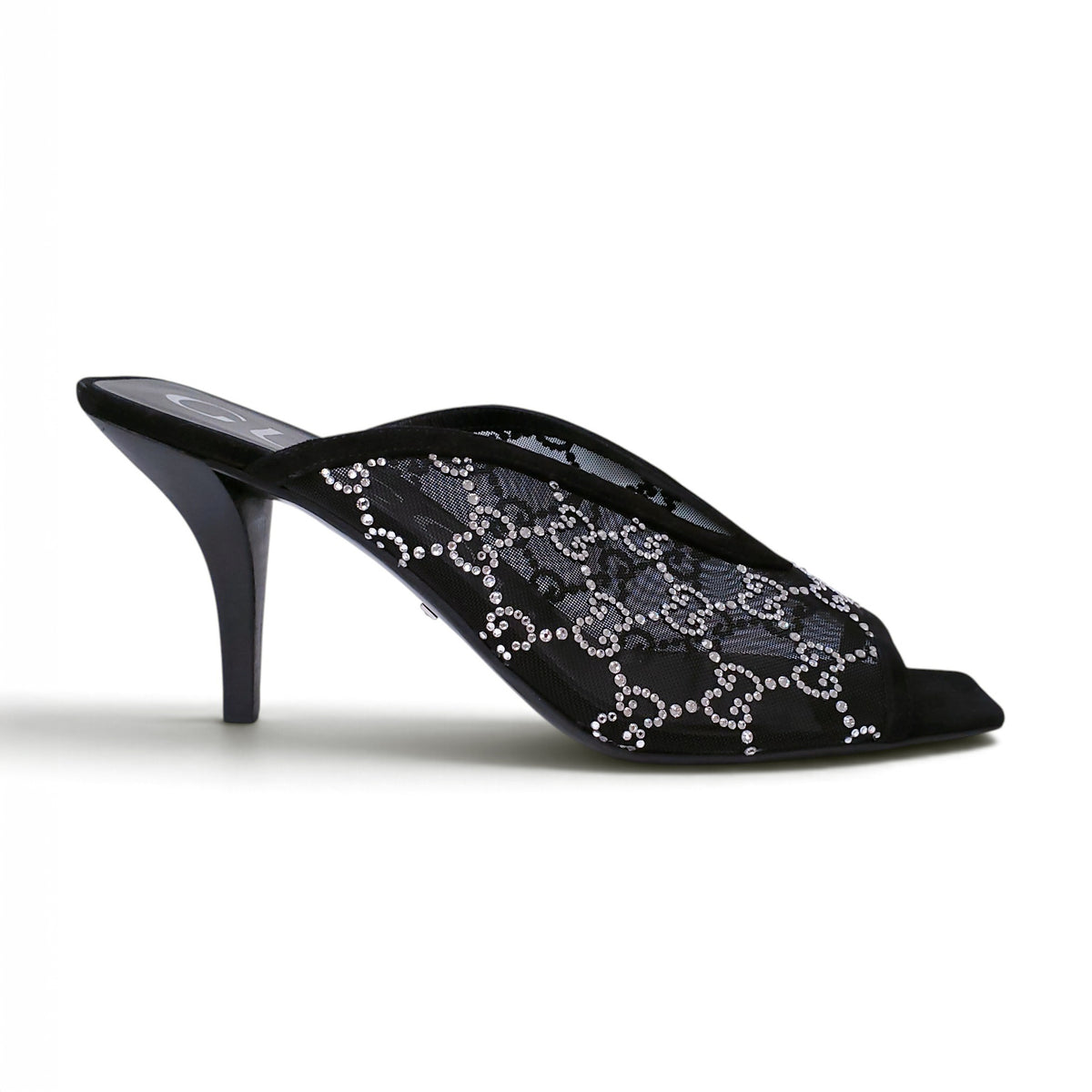 GUCCI CRYSTAL BLACK LOGO MULES  - SIZE 39
